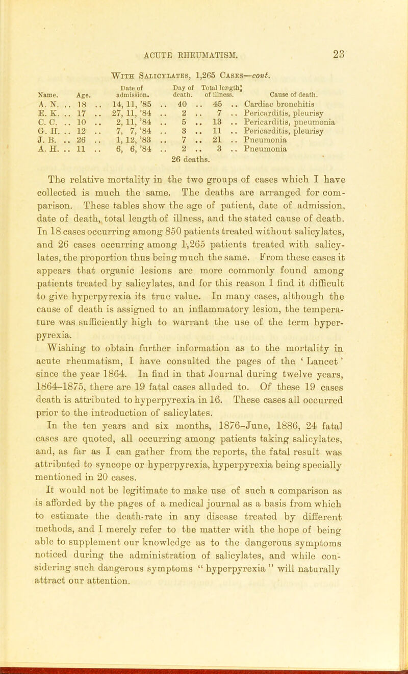 With Salicylates, 1,265 Cases—cont. Name. Age. Date of admission. Day of death. Total length] of illness. Cause of death. A. N. .. 18 .. 14, 11, ’85 .. 40 .. 45 Cardiac bronchitis E. K. ..17 .. 27, 11, ’84 2 7 .. Pericarditis, pleurisy C. C. .. 10 .. 2, 11, ’84 7, 7,’84 5 .. 13 .. Pericarditis, pneumonia Gr. H. .. 12 3 .. 11 .. Pericarditis, pleurisy J. B. .. 26 1, 12, ’83 7 .. 21 .. Pneumonia A. H. ..11 .. 6, 6, ’84 2 3 .. Pneumonia 26 deaths. • The relative mortality in the two groups of cases which I have collected is much the same. The deaths are arranged for com- parison. These tables show the age of patient, date of admission, date of death, total length of illness, and the stated cause of death. In 18 cases occurring among 850 patients treated without salicylates, and 26 cases occurring among 1,265 patients treated with salicy- lates, the proportion thus being much the same. From these cases it appears that organic lesions are more commonly found among patients treated by salicylates, and for this reason I find it difficult to give hyperpyrexia its true value. In many cases, although the cause of death is assigned to an inflammatory lesion, the tempera- ture was sufficiently high to warrant the use of the term hyper- pyrexia. Wishing to obtain further information as to the mortality in acute rheumatism, I have consulted the pages of the ‘ Lancet ’ since the year 1864. In find in that Journal during twelve years, 1864-1875, there are 19 fatal cases alluded to. Of these 19 cases death is attributed to hyperpyrexia in 16. These cases all occurred prior to the introduction of salicylates. In the ten years and six months, 1876-June, 1886, 24 fatal cases are quoted, all occurring among patients taking salicylates, and, as far as I can gather from the reports, the fatal result was attributed to syncope or hyperpyrexia, hyperpyrexia being specially mentioned in 20 cases. It would not be legitimate to make use of such a comparison as is afforded by the pages of a medical journal as a basis from which to estimate the death-rate in any disease treated by different methods, and I merely refer to the matter with the hope of being able to supplement our knowledge as to the dangerous symptoms noticed during the administration of salicylates, and while con- sidering such dangerous symptoms “ hyperpyrexia ” will naturally attract our attention.