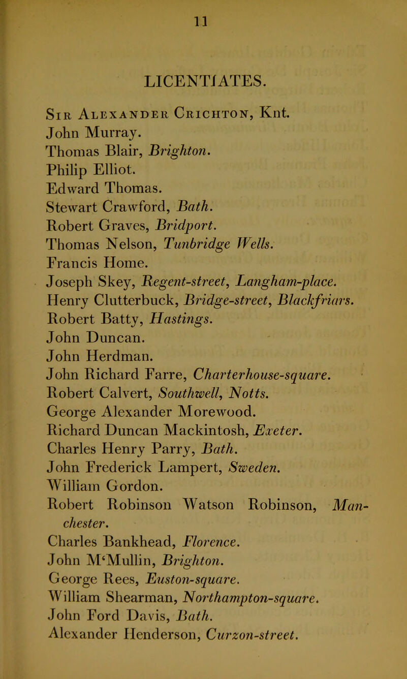 LICENTIATES. Sir Alexander Crichton, Knt. John Murray. Thomas Blair, Brighton. Philip Elliot. Edward Thomas. Stewart Crawford, Bath. Robert Graves, Bridport. Thomas Nelson, Tunbridge Wells. Francis Home. Joseph Skey, Regent-street, Lang ham-place. Henry Clutterbuck, Bridge-street, Blackfriars. Robert Batty, Hastings. John Duncan. John Herdman. John Richard Farre, Charterhouse-square. Robert Calvert, Southwell, Notts. George Alexander Morewood. Richard Duncan Mackintosh, Exeter. Charles Henry Parry, Bath. John Frederick Lampert, Sweden. William Gordon. Robert Robinson Watson Robinson, Man Chester. Charles Bankhead, Florence. John M‘Mullin, Brighton. George Rees, Euston-square. William Shearman, N orthampton-square. John Ford Davis, Bath. Alexander Henderson, Curzon-street.