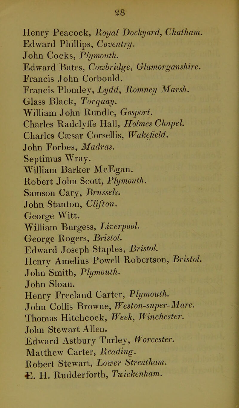 Henry Peacock, Royal Dockyard, Chatham. Edward Phillips, Coventry. John Cocks, Fly mouth. Edward Bates, Cozvbridge, Glamorganshire. Francis John Corbould. Francis Plomley, Lydd, Romney Marsh. Glass Black, Torquay. William John Bundle, Gosport. Charles BaddyfFe Hall, Holmes Chapel. Charles Cassar Corsellis, Wakefield. John Forbes, Madras. Septimus Wray. William Barker McEgan. Bober t John Scott, Fly mouth. Samson Cary, Brussels. John Stanton, Clifton. George Witt. William Burgess, Liverpool. George Bogers, Bristol. Edward Joseph Staples, Bristol. Henry Amelias Powell Bobertson, Bristol. John Smith, Flymouth. John Sloan. Henry Freeland Carter, Flymouth. John Collis Browne, Weston-super-Mare. Thomas Hitchcock, Week, Winchester. John Stewart Allen. Edward Astbury Turley, Worcester. Matthew Carter, Readmg. Bobert Stewart, Lower Streatham. E. H. Budderforth, Twickenham.