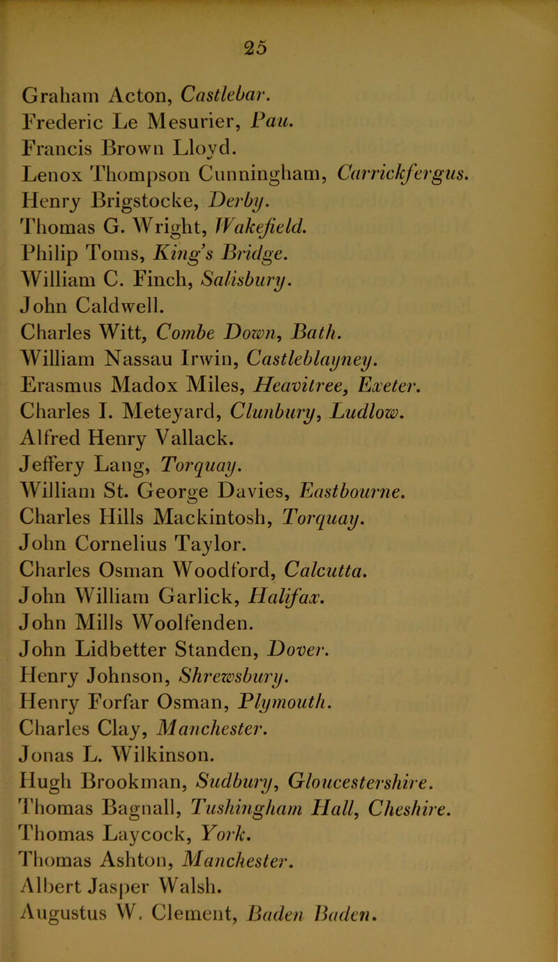 Graham Acton, Castlebar. Frederic Le Mesurier, Pan. Francis Brown Llovd. Lenox Thompson Cunningham, Carrickfergus. Henry Brigstocke, Derby. Thomas G. Wright, Wakefield. Philip Toms, King’s Bridge. William C. Finch, Salisbury. John Caldwell. Charles Witt, Combe Dozvn, Bath. William Nassau Irwin, Castleblayney. Erasmus Madox Miles, Heavitree, Exeter. Charles I. Meteyard, Clunbury, Ludlow. Alfred Henry Vallack. Jeffery Lang, Torquay. William St. George Davies, Eastbourne. Charles Hills Mackintosh, Torquay. John Cornelius Taylor. Charles Osman Woodford, Calcutta. John William Garlick, Halifax. John Mills Woolfenden. John Lidbetter Standen, Dover. Henry Johnson, Shrewsbury. Henry Forfar Osman, Plymouth. Charles Clay, Manchester. Jonas L. Wilkinson. Hugh Brookman, Sudbury, Gloucestershire. Thomas Bagnall, Tushingham Hall, Cheshire. Thomas Laycock, York. Thomas Ashton, Manchester. Albert Jasper Walsh. Augustus W. Clement, Baden Baden.