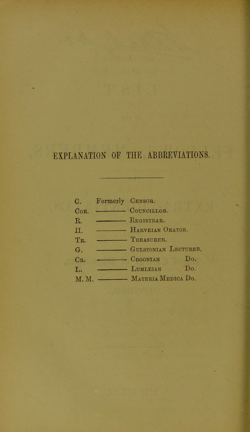 EXPLANATION OF THE ABBREVIATIONS. C. Formerly Censor. Coe. Councillor. R. Registrar. II. Harveian Orator. Tr. Treasurer. G. Gulstonian Lecturer. Cr. Croonian Do. L. ■ Lumleian Do. M.M. • Materia Medica Do.