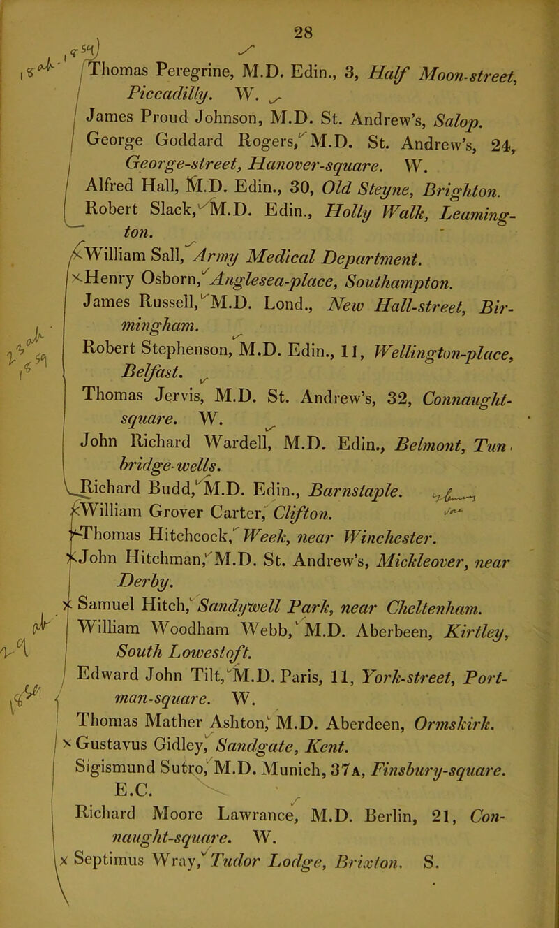 Thomas Peregrine, M.D. Edin., 3, Half Moon-street, Piccadilly. W. k/- James Proud Johnson, M.D. St. Andrew’s, Salop. George Goddard Rogers, M.D. St. Andrew’s, 24, I George-street, Hanover-square. W. / Alfred Hall, M.D. Edin., 30, Old Steyne, Brighton. j Robert Slack, M.D. Edin., Holly Walk, Learning- ton. vWilliam Sail, Army Medical Department. jx-Henry Osborn, Anglesea-place, Southampton. James Russell, M.D. Lond., New Hall-street, Bir- mingham. Robert Stephenson, M.D. Edin., II, Wellington-place, Belfast. ^ Thomas Jervis, M.D. St. Andrew’s, 32, Connaught- square. W. John Richard Warded, M.D. Edin., Belmont, Tun. bridge-wells. , Richard Budd/M.D. Edin., Barnstaple. j /William Grover Carter, Clifton. ^ ’‘■Thomas Hitchcock, Week, near Winchester. SJohn Hitchman,1 M.D. St. Andrew’s, Mickleover, near Derby. / Samuel Hitch,' Sandywell Park, near Cheltenham. William Woodham Webb, M.D. Aberbeen, Kirtley, South Lowestoft. Edward John Tilt/M.D. Paris, 11, York-street, Port- man-square. W. Thomas Mather Ashton, M.D. Aberdeen, Ormskirk. * Gustavus Gidley, Sandgate, Kent. Sigismund Sutro,1 M.D. Munich, 37a, Finsbury-square. E.C. Richard Moore Lawrance, M.D. Berlin, 21, Con- naught-square. W. Septimus Wray/Tudor Lodge, Brixton. S.