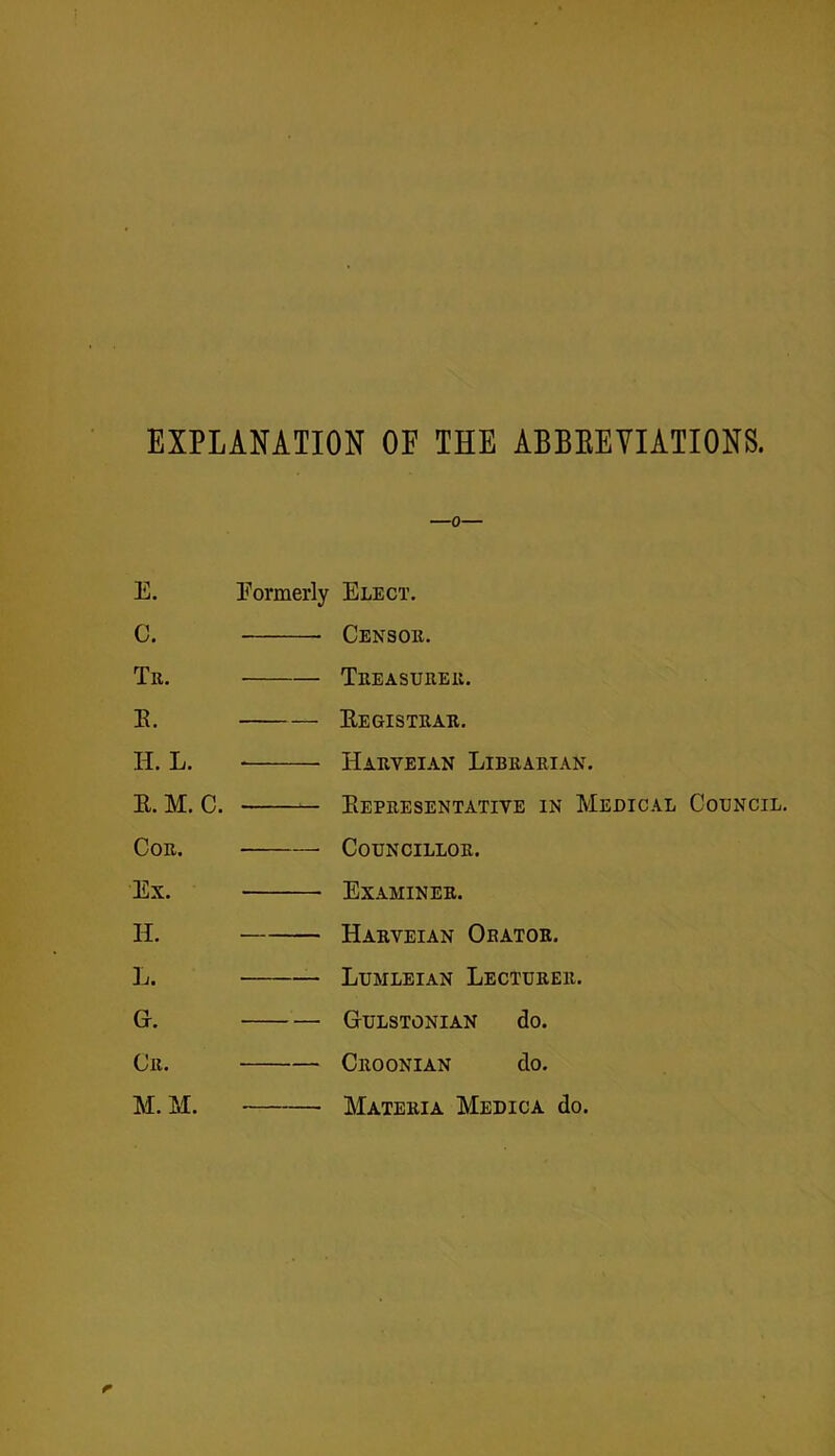 EXPLANATION OE THE ABBEEVIATIONS. —0— E. C. Tr. E. H. L. E. M. C. Cou. Ex. H. L. G. Cr. Eormerly Elect. Censor. Treasurer. Eegistrar. ■ Harveian Librarian. — Eepresentative in Medical Council. Councillor. Examiner. Harveian Orator. Lumleian Lecturer. OULSTONIAN do. Croonian do. M. M. Materia Medica do.