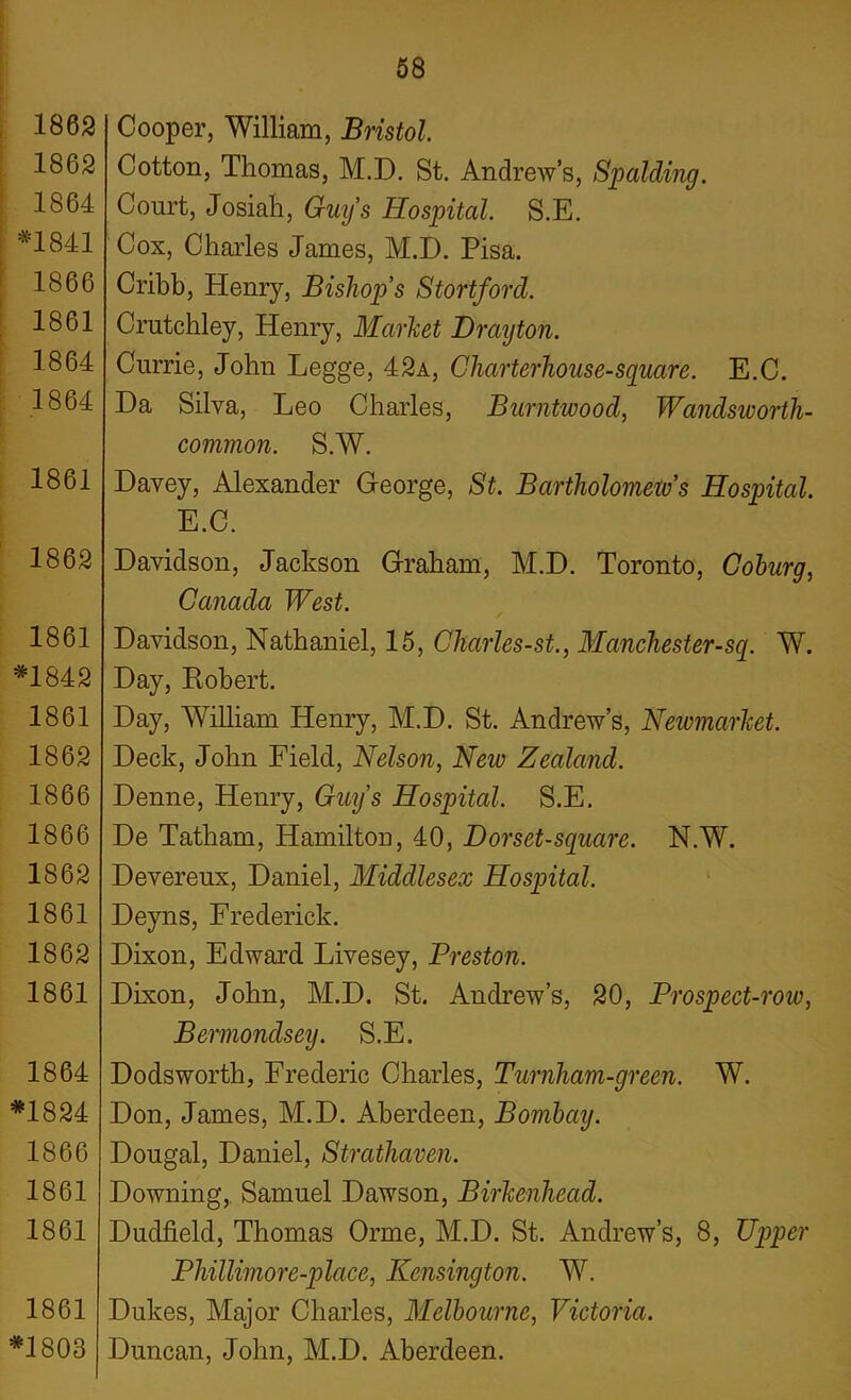 1862 1862 1864 *1841 1866 1861 1864 1864 1861 1862 1861 *1842 1861 1862 1866 1866 1862 1861 1862 1861 1864 *1824 1866 1861 1861 1861 *1803 58 Cooper, William, Bristol. Cotton, Thomas, M.D. St. Andrew’s, Spalding. Court, Josiah, Guy’s Hospital. S.E. Cox, Charles James, M.D. Pisa. Cribb, Henry, Bishop’s Stortforcl. Crutchley, Henry, Market Drayton. Currie, John Legge, 42a, Charterhouse-square. E.C. Da Silva, Leo Charles, Burntwood, Wandsworth- common. S.W. Davey, Alexander George, St. Bartholomew’s Hospital. E.C. Davidson, Jackson Graham, M.D. Toronto, Coburg, Canada West. Davidson, Nathaniel, 15, Charles-st., Manchester-sq. W. Day, Robert. Day, William Henry, M.D. St. Andrew’s, Newmarket. Deck, John Field, Nelson, Neiv Zealand. Denne, Henry, Guy’s Hospital. S.E. De Tatham, Hamilton, 40, Dorset-square. N.W. Devereux, Daniel, Middlesex Hospital. Deyns, Frederick. Dixon, Edward Livesey, Preston. Dixon, John, M.D. St. Andrew’s, 20, Prospect-row, Bermondsey. S.E. Dodsworth, Frederic Charles, Turnham-green. W. Don, James, M.D. Aberdeen, Bombay. Dougal, Daniel, Strathaven. Downing, Samuel Dawson, Birkenhead. Dudfield, Thomas Orrne, M.D. St. Andrew’s, 8, Upper Phillimore-place, Kensington. W. Dukes, Major Charles, Melbourne, Victoria. Duncan, John, M.D. Aberdeen.