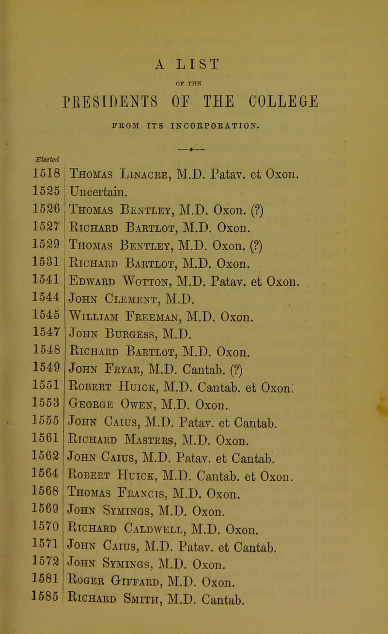 Elected 1518 1525 1526 1527 1529 1531 1541 1544 1545 1547 1548 1549 1551 1553 1555 1561 1562 1564 1568 1569 1570 1571 1572 1581 1585 A LIST OP THE RESIDENTS 0E THE COLLEGE FROM ITS INCORPORATION. Thomas Linacre, M.D. Patav. et Oxon. Uncertain. Thomas Bentley, M.D. Oxon. (?) Richard Bartlot, M.D. Oxon. Thomas Bentley, M.D. Oxon. (?) Richard Bartlot, M.D. Oxon. Edward Wotton, M.D. Patav. et Oxon. John Clement, M.D. William Freeman, M.D. Oxon. John Burgess, M.D. Richard Bartlot, M.D. Oxon. John Fryar, M.D. Cantab. (?) Robert Huick, M.D. Cantab, et Oxon; G-eorge Owen, M.D. Oxon. John Caius, M.D. Patav. et Cantab. Richard Masters, M.D. Oxon. John Caius, M.D. Patav. et Cantab. Robert Huick, M.D. Cantab, et Oxon. Thomas Francis, M.D. Oxon. John Symings, M.D. Oxon. Richard Caldwell, M.D. Oxon. John Caius, M.D. Patav. et Cantab. John Symings, M.D. Oxon. Roger Giffard, M.D. Oxon. Richard Smith, M.D. Cantab.