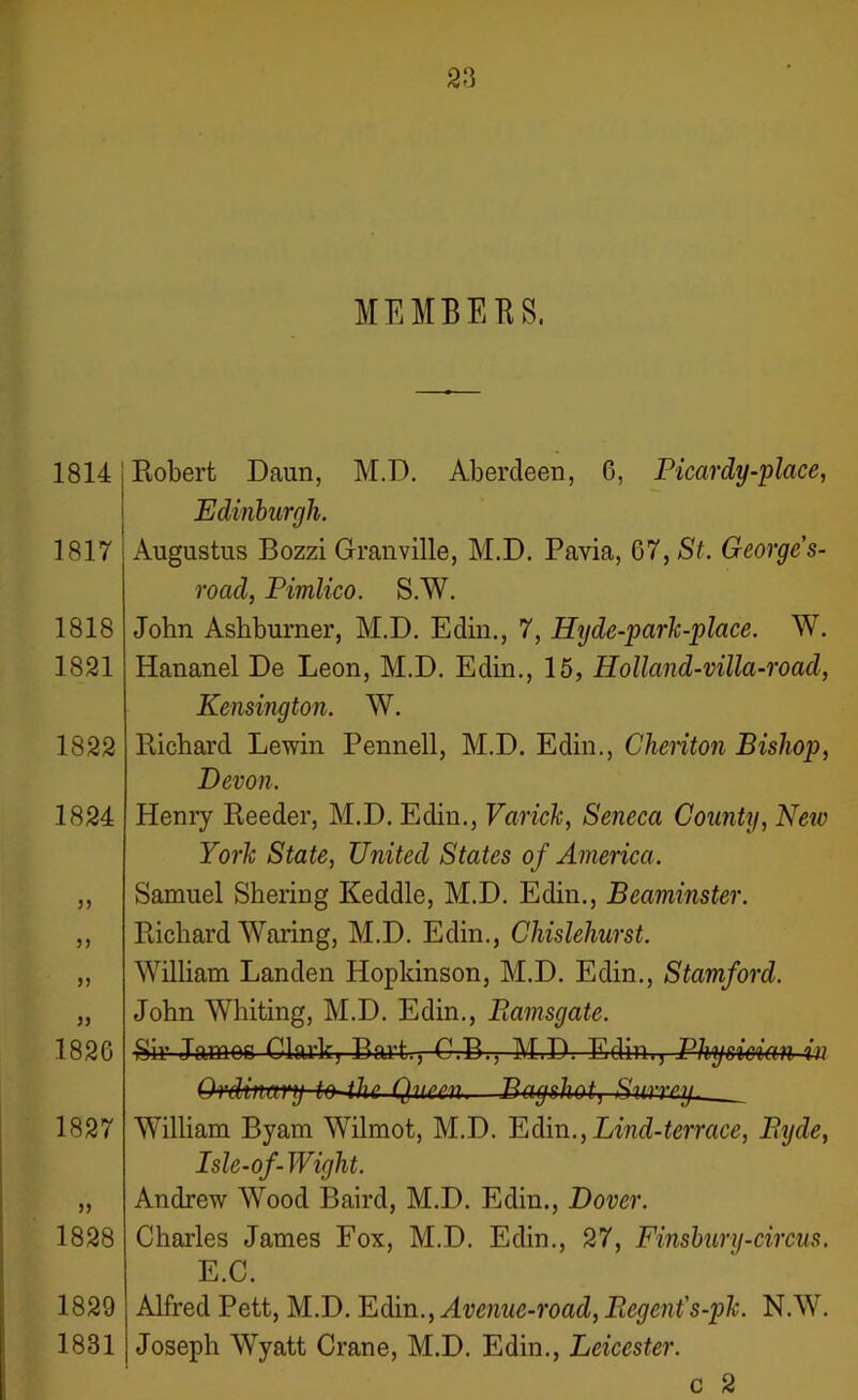 ME MB EES, 1814 1817 1818 1821 1822 1824 >> >) )) 1826 1827 5) 1828 1829 1881 Robert Daun, M.D. Aberdeen, 6, Picardy-place, Edinburgh. Augustus Bozzi Granville, M.D. Pavia, 67, St. George s- road, Pimlico. S.W. John Ashburner, M.D. Edin., 7, IPy de-park-place. W. Hananel De Leon, M.D. Edin., 15, Holland-villa-roacl, Kensington. W. Richard Lewin Pennell, M.D. Edin., Chenton Bishop, Devon. Henry Reeder, M.D. Edin., Varick, Seneca County, New York State, United States of America. Samuel Shering Keddle, M.D. Edin., Beaminster. Richard Waring, M.D. Edin., Chislehurst. William Landen Hopkinson, M.D. Edin., Stamford. John Whiting, M.D. Edin., Ramsgate. Sir James Clark, Bart., C.B., M.D. Edin,, Physician in Q-rdimry to-the Queen.—Tjnyehnt) Unrrmj William Byam Wilmot, M.D. Edin., Lind-terrace, Ryde, Isle-of-Wight. Andrew Wood Baird, M.D. Edin., Dover. Charles James Fox, M.D. Edin., 27, Finsbury-circus. E.C. Alfred Pett, M.D. Edin., Avenue-road, Regent's-pk. N.W. Joseph Wyatt Crane, M.D. Edin., Leicester. c 2