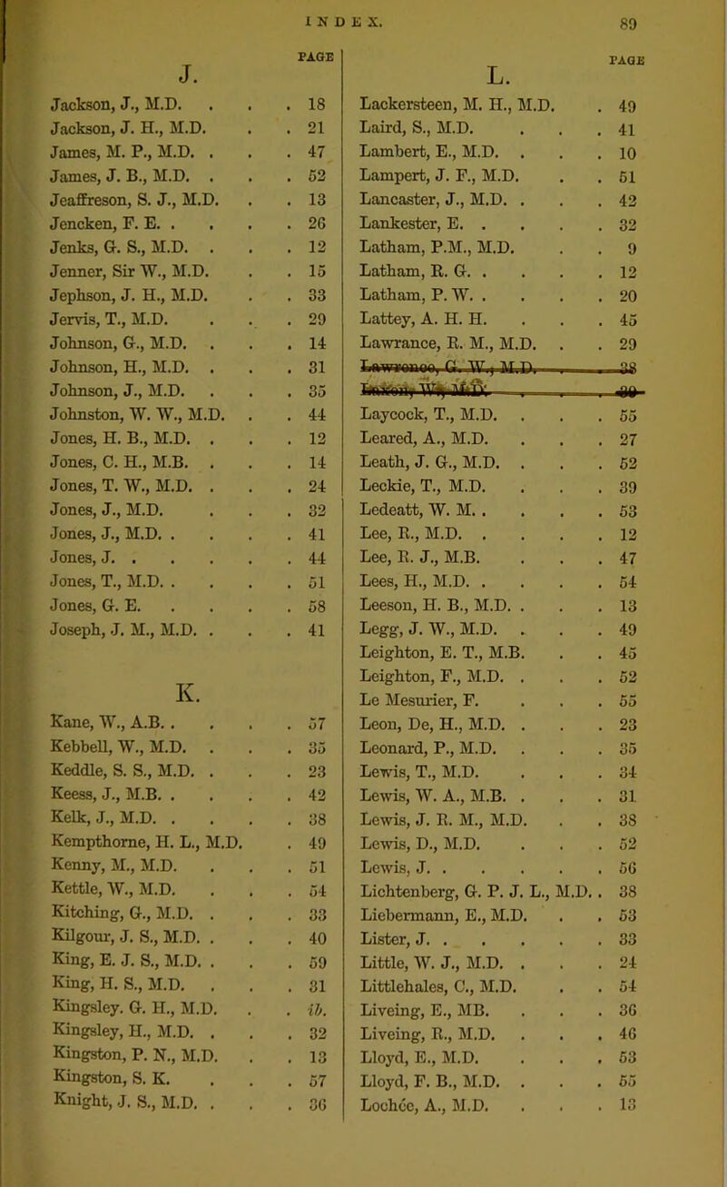 J. PAGE Jackson, J., M.D. . 18 Jackson, J. H., M.D. . 21 James, M. P., M.D. . . 47 James, J. B., M.D. . . 52 Jeaffreson, S. J., M.D. . 13 Jencken, F. E. . . 26 Jenks, G. S., M.D. . 12 Jenner, Sir W., M.D. . 15 Jephson, J. H., M.D. . 33 Jervis, T., M.D. . 29 Johnson, G., M.D. . 14 Johnson, EL, M.D. . 31 Johnson, J., M.D. . 35 Johnston, W. W., M.D. . 44 Jones, H. B., M.D. . . 12 Jones, C. EL, M.B. . . 14 Jones, T. W., M.D. . . 24 Jones, J., M.D. . 32 Jones, J., M.D. . . 41 Jones, J . 44 Jones, T., M.D. . . 51 Jones, G. E. . 58 Joseph, J. M., M.D. . . 41 K. Kane, W., A.B. . . 57 Kebbell, W., M.D. . . 35 Keddle, S. S., M.D. . . 23 Keess, J., M.B. . . 42 Kelk, J., M.D. . . 38 Kempthorne, H. L., M.D. . 49 Kenny, M., M.D. . 51 Kettle, W., M.D. . 54 Kitching, G., M.D. . . 33 Kilgoiu-, J. S., M.D. . . 40 King, E. J. S., M.D. . . 59 King, H. S., M.D. . . 31 Kingsley. G. EL, M.D. . ib. Kingsley, EL, M.D. . . 32 Kingston, P. N., M.D. . 13 Kingston, S. K. . 57 Knight, J. S., M.D. . . 36 PAGE L. Lackerstecn, M. H., M.D. . 49 Laird, S., M.D. . , .41 Lambert, E., M.D. . . .10 Lampert, J. P., M.D. . . 51 Lancaster, J., M.D. . . .42 Lankester, E 32 Latham, P.M., M.D. . . 9 Latham, R. G 12 Latham, P. W 20 Lattey, A. H. H. . . . 45 Lawrance, R. M., M.D. . . 29 IrfWHMBqByCfc WijMPi I '18 jfcufeiif Wij — 88 Laycock, T., M.D. . . .55 Leared, A., M.D. . . .27 Leath, J. G., M.D. . . .52 Leckie, T., M.D. . . .39 Ledeatt, W. M 53 Lee, R., M.D 12 Lee, R. J., M.B. . . .47 Lees, H., M.D 54 Leeson, H. B., M.D. . . .13 Legg, J. W., M.D. . . .49 Leighton, E. T., M.B. . . 45 Leighton, F., M.D. . . .52 Le Mesurier, F. ... 55 Leon, De, II., M.D. . . .23 Leonard, P., M.D. . . .35 Lewis, T., M.D. . . .34 Lewis, W. A., M.B. . . .31 Lewis, J. R. M., M.D. . . 38 Lewis, D., M.D. . . .52 Lewis, J 56 Lichtenberg, G. P. J. L., M.D. . 38 Liebermann, E., M.D. . . 53 Lister, J 33 Little, W. J., M.D. ... 24 Littlehales, C., M.D. . . 54 Liveing, E., MB. . . .36 Liveing, R., M.D. . . .46 Lloyd, E., M.D. ... 53 Lloyd, F. B., M.D. ... 55 Lochcc, A., M.D. . . .13