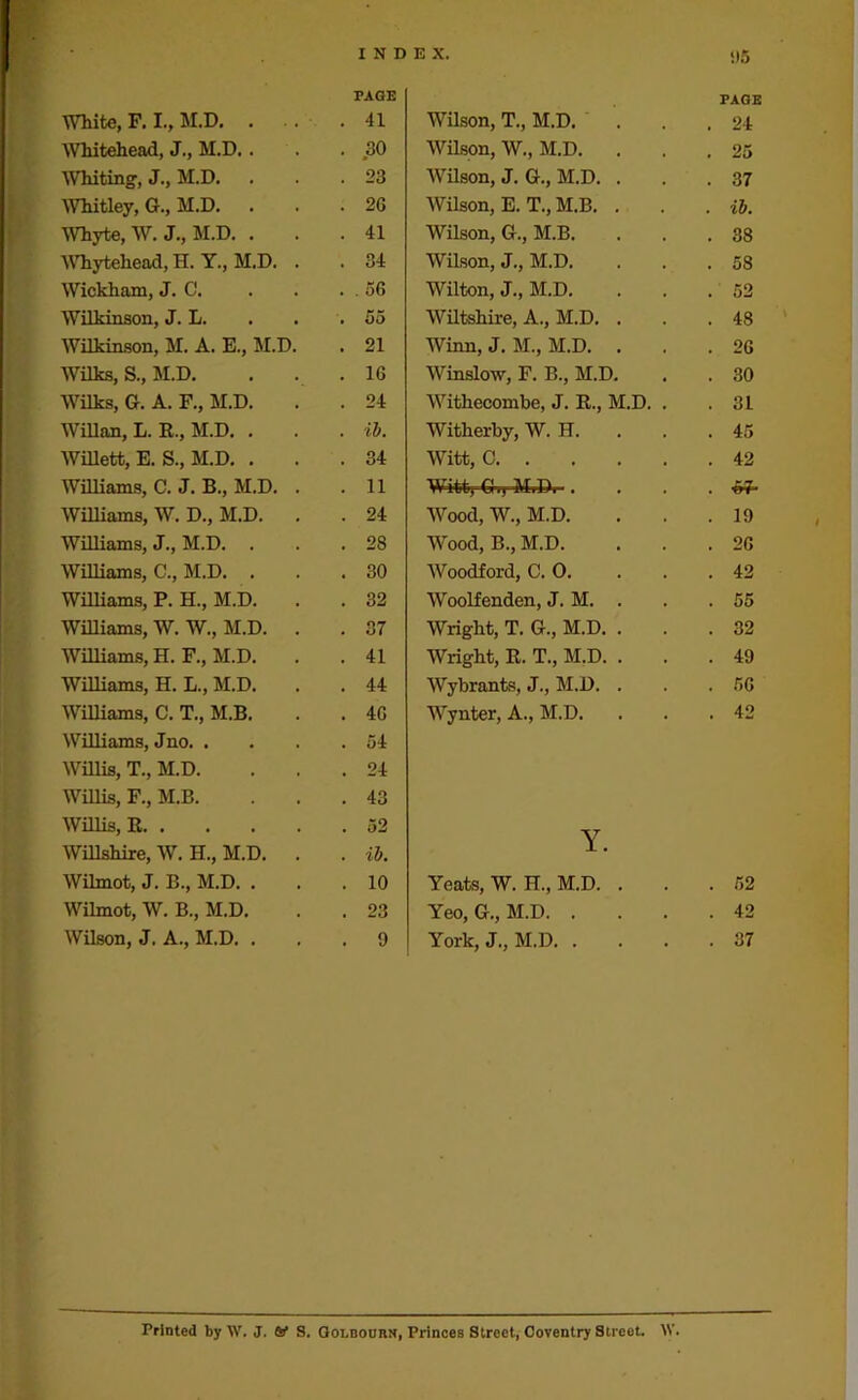 INDEX. 95 PAGE TAGS White, F. I,, M.D. . . . . 41 Wilson, T., M.D. . 24 Whitehead, J., M.D.. . 30 Wilson, W., M.D. . . 25 Whiting-, J., M.D. . 23 Wilson, J. G., M.D. . . 37 Whitley, G., M.D. . 2G Wilson, E. T., M.B. . . ib. Whyte, W. J., M.D. . . 41 Wilson, G., M.B. CO CO Whytehead, H. Y., M.D. . . 34 Wilson, J., M.D. . 58 Wickham, J. C. . . 5 6 Wilton, J., M.D. . 52 Wilkinson, J. L. . 55 Wiltshire, A., M.D. . . 48 Wilkinson, M. A. E., M.D. . 21 Winn, J. M., M.D. . . 26 Wilks, S., M.D. . 16 Winslow, F. B., M.D. . 30 Wilks, G. A. F., M.D. . 24 Withecombe, J. R., M.D. . . 31 Will an, L. R., M.D. . . lb. Witherby, W. H. . 45 Willett, E. S., M.D. . . 34 Witt, C . 42 Williams, C. J. B., M.D. . . 11 W44VGrrM.Br-. . Williams, W. D., M.D. . . 24 Wood, W., M.D. . 19 Williams, J., M.D. . GO Ol Wood, B., M.D. . 2G Williams, C., M.D. . o CO Woodford, C. 0. . 42 Williams, P. H., M.D. . 32 Woolfenden, J. M. . . 55 Williams, W. W., M.D. . 37 Wright, T. G., M.D. . . 32 Williams, H. F., M.D. . 41 Wright, R. T., M.D. . . 49 Williams, H. L., M.D. . 44 Wybrants, J., M.D. . . 66 Williams, C. T., M.B. . 4G Wynter, A., M.D. . 42 Williams, Jno. . . 54 Willis, T., M.D. . 24 Willis, F., M.B. . 43 Willis, R . 52 Y. Wiltshire, W. H., M.D. . . ib. Wilmot, J. B., M.D. . . 10 Yeats, W. H., M.D. . . 52 Wilmot, W. B., M.D. . 23 Yeo, G., M.D. . . 42 Wilson, J. A., M.D. . . 9 York, J., M.D. . . 37 Printed by W. J. Of S. Golbourn, Princes Street, Coventry Street. \V.