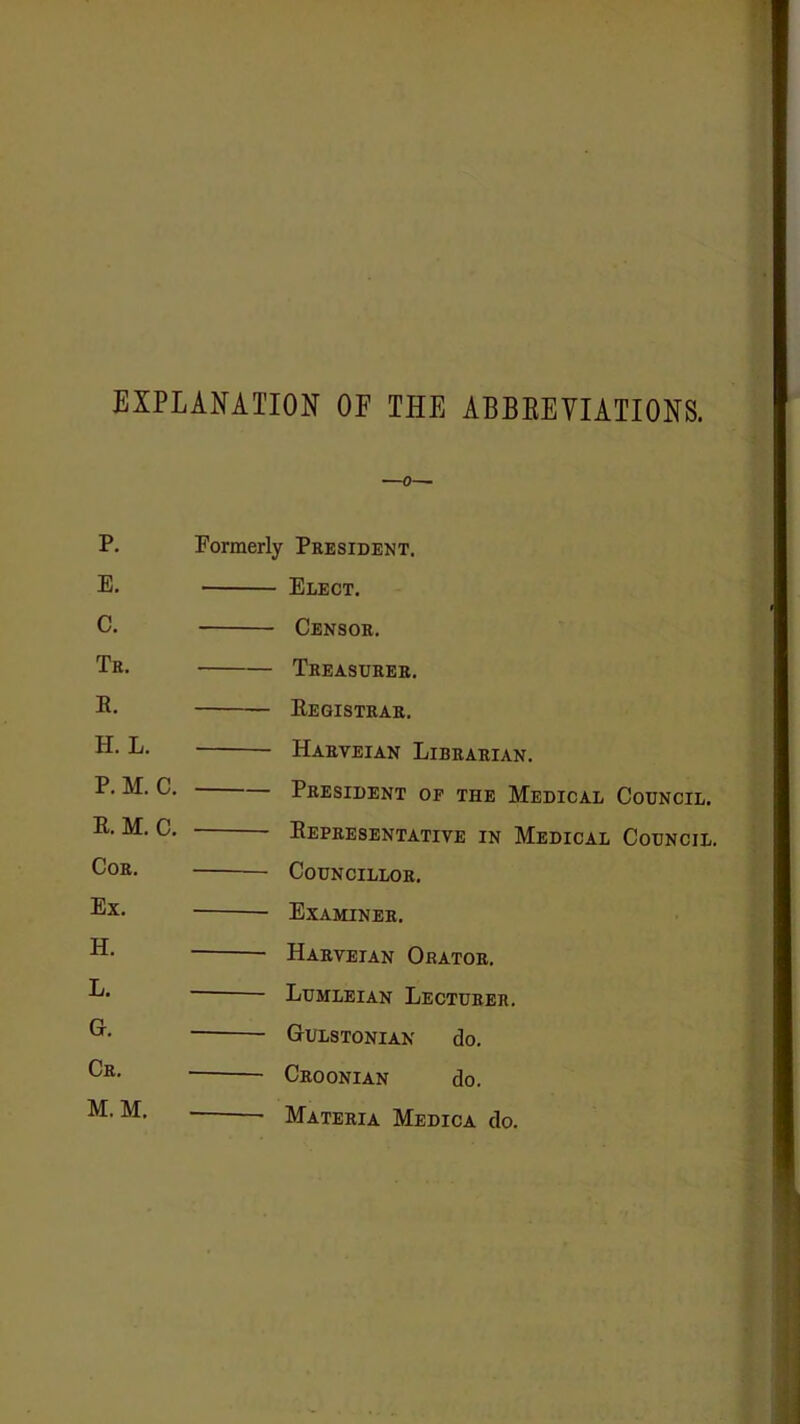 EXPLANATION OF THE ABBREVIATIONS. —0— p. Formerly President. E. Elect. C. CENsoa. Ta. TREASUaEB. E. Eegistrar. H. L. Haeveian Libbabian. P. M. C. President or the Medical Council. E. M. C. Eepeesentative in Medical Council. Cor. Councillor. Ex. Examiner. H. Harveian Orator. L. Lumleian Lecturer. G. Gulstonian do. Ca. Croonian do. M. M. Materia Medica do.