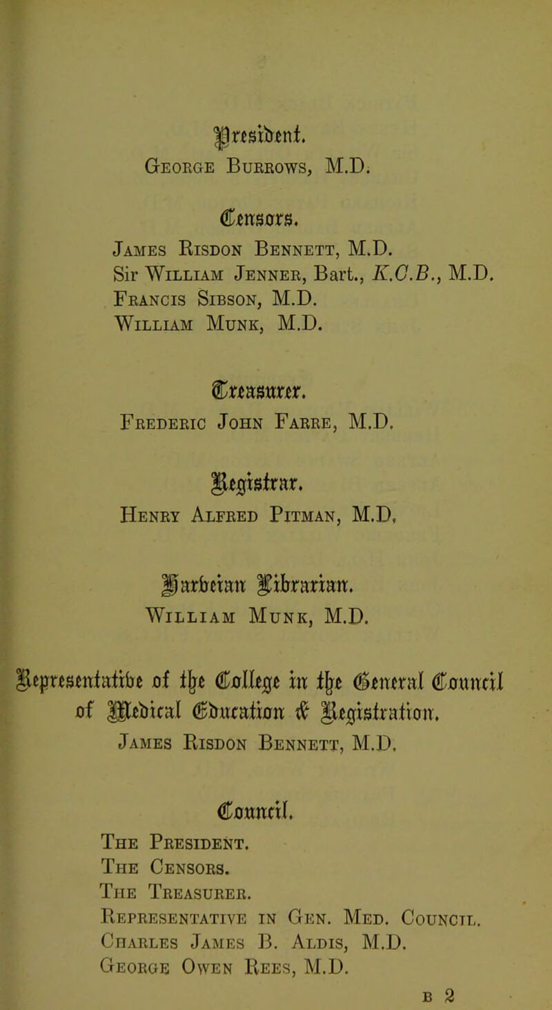 |)raifrenf. George Burrows, M.D. Censors. James Risdon Bennett, M.D. Sir William Jenner, Bart., K.C.B., M.D. Francis Sibson, M.D. William Munk, M.D. Crrasnrrr. Frederic John Farre, M.D. jjLejjtsfrar. Henry Alfred Pitman, M.D, Jparfreian librarian. William Munk, M.D. Jlejjresenfatifo of flje College in % Central Council of Hfebical Clweafion # Registration, James Risdon Bennett, M.D, Connell. The President. The Censors. The Treasurer. Representative in Gen. Med. Council. Charles James B. Aldis, M.D. George Owen Rees, M.D. b 2