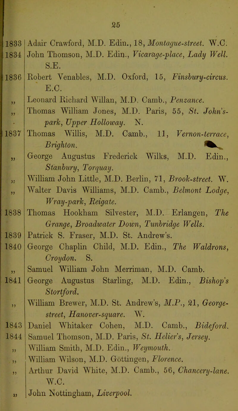 1833 1834 1836 1837 33 33 1838 1839 1840 33 1841 33 1843 1844 33 3) >3 Adair Crawford, M.D. Edin., 18, Montague-street. W.C. John Thomson, M.D. Edin., Vicarage-place, Lady Well. S.E. Robert Venables, M.D. Oxford, 15, Finsbury-circus. E.C. Leonard Richard Willan, M.D. Camb., Penzance. Thomas William Jones, M.D. Paris, 55, St. Jolm’s- park, Upper Holloway. N. Thomas Willis, M.D. Camb., 11, V ernon-terrace, Brighton. George Augustus Frederick Wilks, M.D. Edin., Stanbury, Torquay. William John Little, M.D. Berlin, 71, Brook-street. W. Walter Davis Williams, M.D. Camb., Belmont Lodge, Wray-park, Reigate. Thomas Hookham Silvester, M.D. Erlangen, The Grange, Broadwater Doivn, Tunbridge Wells. Patrick S. Fraser, M.D. St. Andrew’s. George Chaplin Child, M.D. Edin., The Waldrons, Croydon. S. Samuel William John Merriman, M.D. Camb. George Augustus Starling, M.D. Edin., Bishops Stortford. William Brewer, M.D. St. Andrew’s, M.P., 21, George- street, Hanover-square. W. Daniel Whitaker Cohen, M.D. Camb., Bicle/ord. Samuel Thomson, M.D. Paris, St. Helier’s, Jersey. William Smith, M.D. Edin., Weymouth. William Wilson, M.D. Gottingen, Florence. Arthur David White, M.D. Camb., 56, Chancery-lane. W.C. John Nottingham, Liverpool.