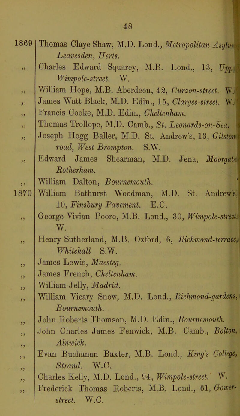 33 33 >’ 33 3) 33 33 3 » 1870 33 33 33 33 33 33 33 33 33 3 3 33 33 33 Thomas Claye Shaw, M.D. Loud., Metropolitan Asylw Leavesclen, Herts. Charles Edward Squarey, M.B. Lond., 13, Upp, Wimpole-street. W. William Hope, M.B. Aberdeen, 42, Curzon-street. W. James Watt Black, M.D. Edin., 15, Clarges-street. W. Francis Cooke, M.D. Edin., Cheltenham. Thomas Trollope, M.D. Camb., St. Leonards-on-Sca. Joseph Hogg Bailer, M.D. St. Andrew’s, 13, Gilston road, West Brompton. S.W. Edward James Shearman, M.D. Jena, Moorgate Rotherham. William Dalton, Bournemouth. William Bathurst Woodman, M.D. St. Andrew’s 10, Finsbunj Pavement. E.C. George Vivian Poore, M.B. Lond., 30, Wimpole-street. W. Henry Sutherland, M.B. Oxford, 6, Richmond-terrace, Whitehall S.W. James Lewis, Maesteg. James French, Cheltenham. William Jelly, Madrid. William Vicary Snow, M.D. Lond., Richmond-gardens, Bournemouth. John Roberts Thomson, M.D. Edin., Bournemouth. John Charles James Fenwick, M.B. Camb., Bolton, Alnwick. Evan Buchanan Baxter, M.B. Lond., King's College, Strand. W.C. Charles Kelly, M.D. Lond., 94, Wimpole-street. W. Frederick Thomas Roberts, M.B. Loud., 61, Gower- street. W.C.