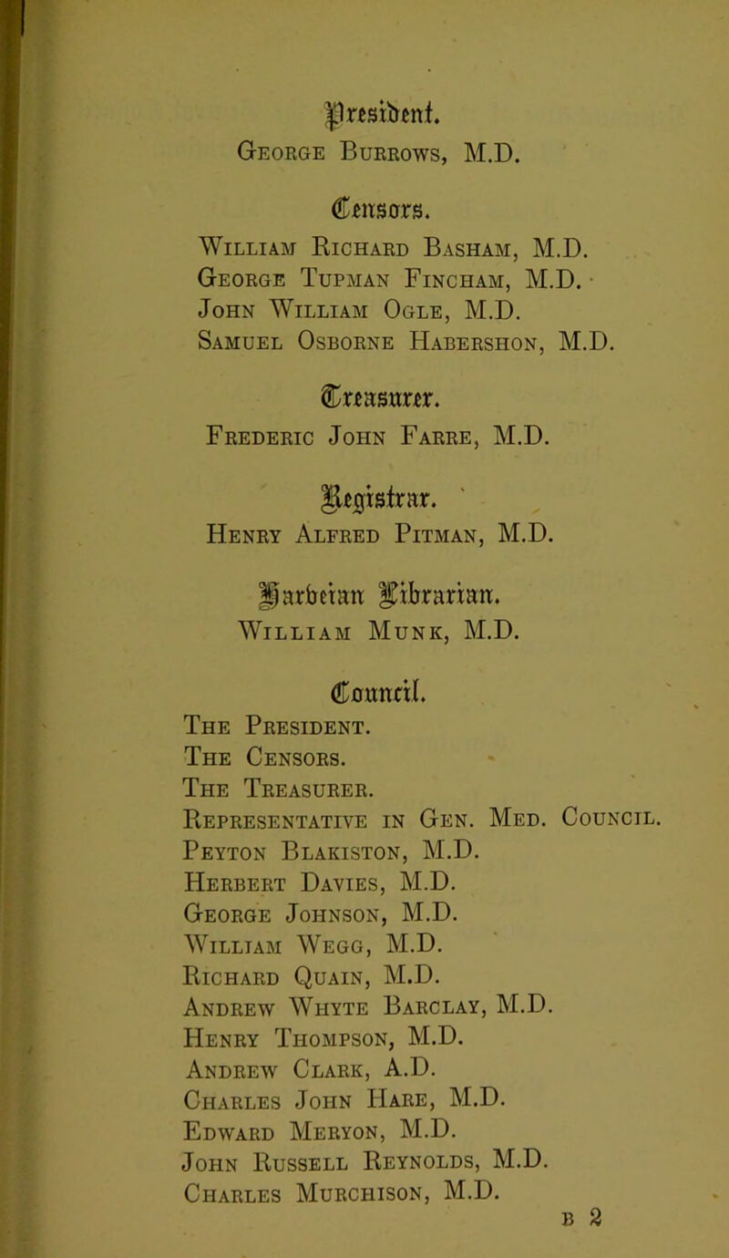 Censors. William Richard Basham, M.D. George Tupman Finciiam, M.D. John William Ogle, M.D. Samuel Osborne Habershon, M.D. Cmsum. Frederic John Farre, M.D. gtacjtsfrar. Henry Alfred Pitman, M.D. Parimatt librarian:. William Munk, M.D. Cflimril. The President. The Censors. The Treasurer. Representative in Gen. Med. Council. Peyton Blakiston, M.D. Herbert Davies, M.D. George Johnson, M.D. William Wegg, M.D. Richard Quain, M.D. Andrew Whyte Barclay, M.D. Henry Thompson, M.D. Andrew Clark, A.D. Charles John Hare, M.D. Edward Meryon, M.D. John Russell Reynolds, M.D. Charles Murchison, M.D.