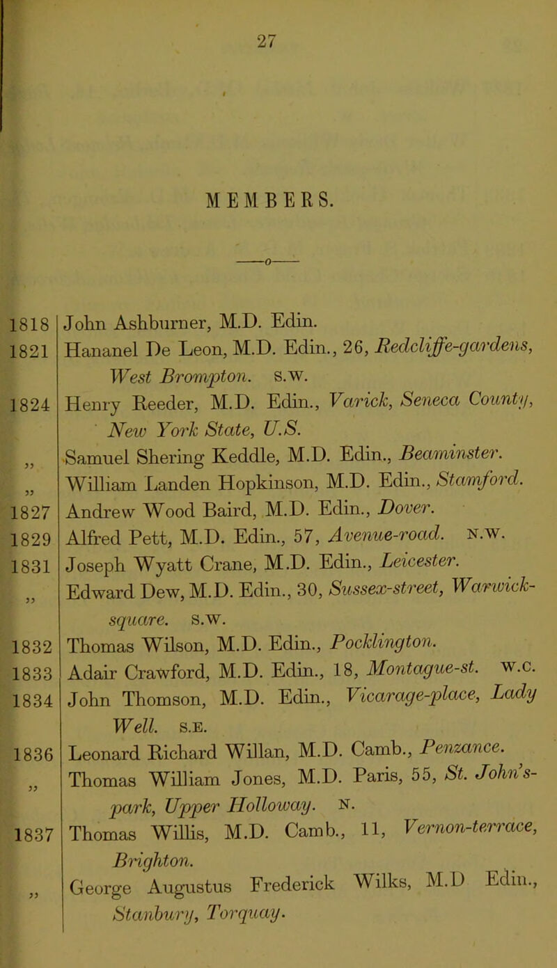 MEMBER S. 1818 1821 1824 55 1827 1829 1831 1832 1833 1834 1836 1837 55 John Ashburner, M.D. Edin. Hananel De Leon, M.D. Edin., 26, Redcliffe-gar dens, West Brompton. s.w. Henry Reeder, M.D. Edin., Varick, Seneca County, New York State, U.S. •Samuel Shering Keddle, M.D. Edin., Beaminster. William Landen Hopkinson, M.D. Edin., Stamford, Andrew Wood Baird, M.D. Edin., Dover. Alfred Pett, M.D. Edin., 57, Avenue-road. n.w. Joseph Wyatt Crane, M.D. Edin., Leicester. Edward Dew, M.D. Edin., 30, Sussex-street, Warwick- square, s.w. Thomas Wilson, M.D. Edin., Pocklington. Adair Crawford, M.D. Edin., 18, Montague-st. w.c. John Thomson, M.D. Edin., Vicarage-place, Lady Well. s.e. Leonard Richard Willan, M.D. Camb., Penzance, Thomas William Jones, M.D. Paris, 55, St. John’s- park, Upper Llolloway. n. Thomas Willis, M.D. Camb., 11, Vernon-terrace, Brighton. George Augustus Frederick Wilks, M.D Edin., St anbury, Torquay.