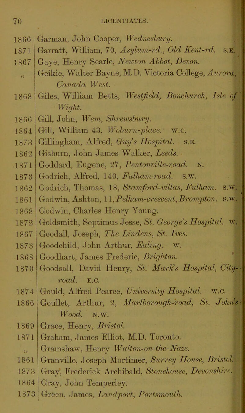 1866 1871 1867 1868 1866 1864 1873 1862 1871 1873 1862 1861 1868 1872 1867 1873 1868 1870 1874 1866 1869 1871 1861 1873 1864 1873 Garman, John Cooper, Wednesbury. Garratt, William, 70, Asylvm-rd., Old Kent-rd. s.e. Gaye, Henry Searle, Newton Abbot, Devon. Geikie, Walter Bayne, M.D. Victoria College, Aurora, Canada West. Giles, William Betts, Westfield, Bonchurch, Isle of Wight. Gill, John, Wem, Shrewsbury. Gill, William 43, Woburn-place. w.e. Gillingham, Alfred, Guys Hospital, s.e. Gisburn, John James Walker, Leeds. Goddard, Eugene, 27, Pentonville-road. n. Godrich, Alfred, 140, Fulham-road. s.w. Godrich, Thomas, 18, Stamford-villas, Fidham. s.w. God win, Ashton ,11, Pelham-crescent, Brompton. s.w. Godwin, Charles Henry Young. Goldsmith, Septimus Jesse, St. George's Hospital, w. Goodall, Joseph, The Lindens, St. Ives. Goodchild, John Arthur, Baling, w. Goodhart, James Frederic, Brighton. Goodsall, David Henry, St. Mark’s Hospital, City-- road. e.c. Gould, Alfred Pearce, University Hospital, w.c. Goullet, Arthur, 2, Marlborough-road, St. John’s Wood. n.w. Grace, Henry, Bristol. Graham, James Elliot, M.D. Toronto. Gramshaw, Henry Walton-on-the-Naze. Granville, Joseph Mortimer, Surrey House, Bristol. Gray, Frederick Archibald, Stonehouse, Devonshire.1 Gray, John Temperley. Green, James, Land port, Portsmouth.