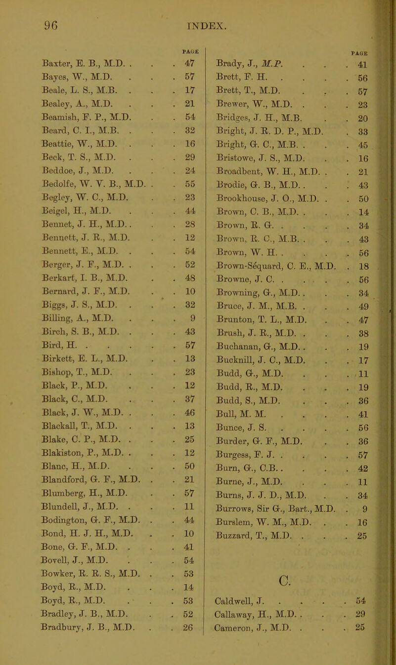 Baxter, E. B., M.D. . PAGE . 47 Bayes, W., M.D. . 57 Beale, L. S., M.B. . 17 Bealey, A., M.D. . 21 Beamish, F. P., M.D. . 54 Beard, C. I., M.B. . . 32 Beattie, W., M.D. . 16 Beck, T. S., M.D. . . 29 Beddoe, J., M.D. . 24 Bedolfe, W. V. B., M.D. . . 55 Begley, W. C., M.D. . 23 Beigel, EL, M.D. . 44 Beunet, J. EL, M.D.. . 28 Bennett, J. R., M.D. . 12 Bennett, E., M.D. . . 54 Berger, J. F., M.D. . . 52 Berkart, I. B., M.D. . 48 Bernard, J. F., M.D. . 10 Biggs, J. S., M.D. . 32 Billing, A., M.D. . 9 Birch, S. B., M.D. . . 43 Bird, H . 57 Birkett, E. L., M.D. . 13 Bishop, T., M.D. . 23 Black, P., M.D. . 12 Black, C., M.D. . 37 Black, J. W., M.D. . . 46 Blackall, T., M.D. . . 13 Blake, C. P., M.D. . . 25 Blakiston, P., M.D. . . 12 Blanc, EL, M.D. 50 Blandford, G. F., M.D. . 21 Blumberg, EL, M.D. 57 Blundell, J., M.D. . 11 Bodington, G. F., M.D. . 44 Bond, EL J. EL, M.D. 10 Bone, G. F., M.D. . 41 Bovell, J., M.D. 54 Bowker, R. R. S., M.D. . 53 Boyd, R., M.D. 14 Boyd, R., M.D. 53 Bradley, J. B., M.D. 52 Bradbury, J. B., M.D. 26 PAGE Brady, JM.P. . . .41 Brett, P. H 56 Brett, T., M.D. . . .57 Brewer, W., M.D. . . .23 Bridges, J. EL, M.B. . . 20 Bright, J. R. D. P., M.D. . 33 Bright, G. C., M.B. . . .45 Bristowe, J. S., M.D. . . 16 Broaclbeut, W. EL, M.D. . . 21 Brodie, GL B., M.D.. . .43 Brookhouse, J. O., M.D. . . 50 Brown, 0. B., M.D. . . .14 Brown, R. Q- 34 Brown, R. C., M.B. . . .43 Brown, W. H 56 Brown-Sequai-d, C. E., M.D. . 18 Browne, J. C 56 Browning, G\, M.D.. . .34 Bruce, J. M., M.B. . . .49 Brunton, T. L., M.D. . . 47 Brush, J. R., M.D. . . .38 Buchanan, GL, M.D.. . .19 Bucknill, J. C., M.D. . . 17 Budd, GL, M.D. ... 11 Budd, R., M.D. . . .19 Budd, S., M.D. . . .36 Bull, M. M 41 Bunce, J. S 56 Burden, GL F., M.D. . . 36 Burgess, F. J 57 Burn, GL, C.B 42 Burne, J., M.D. . . .11 Bums, J. J. D.j M.D. . . 34 Burrows, Sir GL, Bart., M.D. . 9 Burslem, W. M., M.D. . . 16 Buzzard, T., M.D. . . .25 C. Caldwell, J. . 54 Callaway, EL, M.D. . . 29 Cameron, J., M.D. . . 25