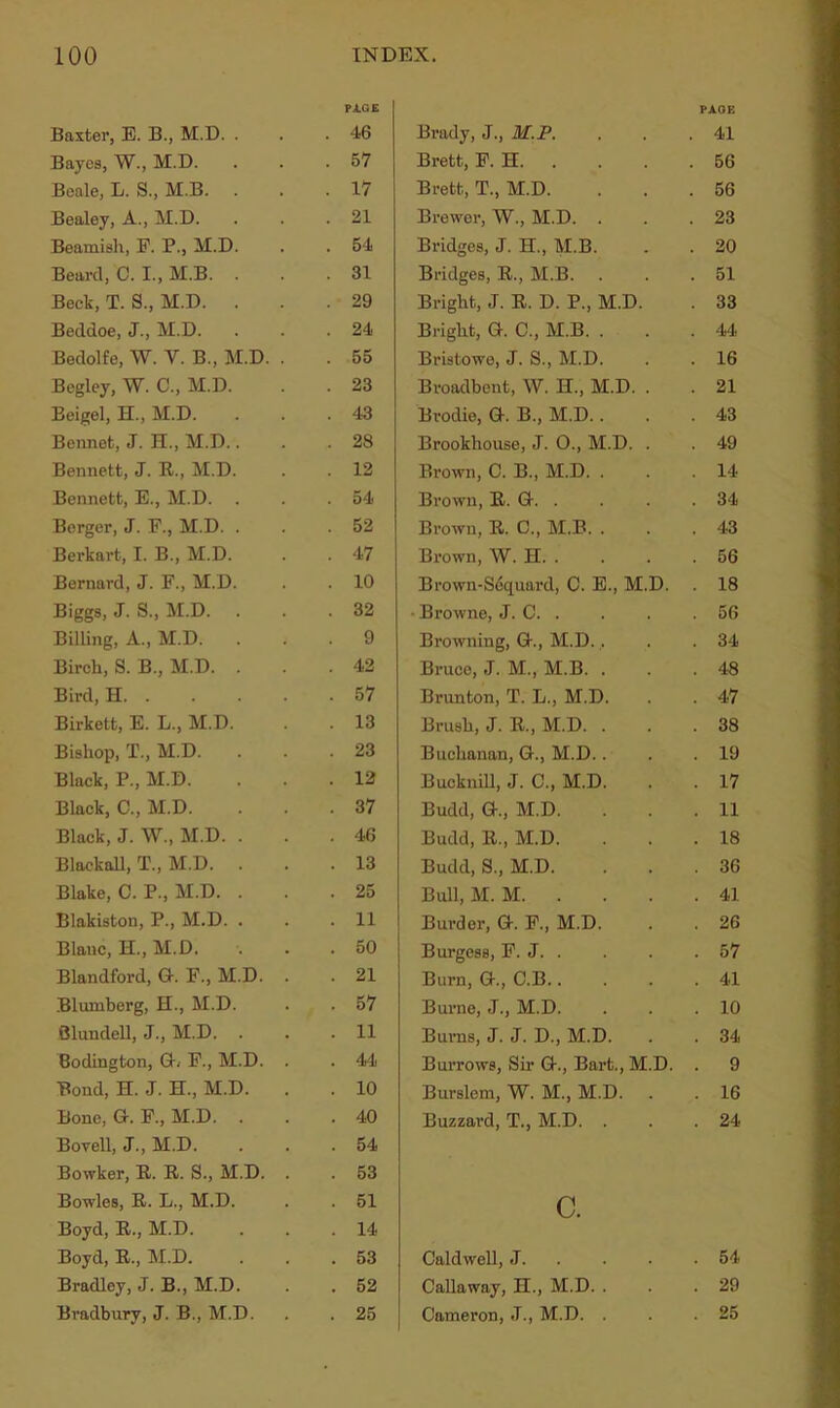 Baxter, E. B., M.D. . PAGE . 46 Bayes, W., M.D. . 57 Beale, L. S., M.B. . 17 Bealey, A., M.D. . 21 Beamish, P. P., M.D. . 54 Beard, C. I., M.B. . 31 Beck, T. S., M.D. . . 29 Beddoe, J., M.D. . 24 Bedolfe, W. V. B., M.D. . . 55 Begley, W. C., M.D. . 23 Beigel, H., M.D. . 4-3 Bonnet, J. H., M.D.. . 28 Bennett, J. E., M.D. . 12 Bennett, E., M.D. . 54 Berger, J. P., M.D. . . 52 Berkart, I. B., M.D. . 47 Bernard, J. P., M.D. . 10 Biggs, J. S., M.D. . 32 Billing, A., M.D. . . 9 Birch, S. B., M.D. . . 42 Bird, H . 57 Birkett, E. L., M.D. . 13 Bishop, T., M.D. . 23 Black, P., M.D. . 12 Black, C., M.D. . 37 Black, J. W., M.D. . . 46 Blackall, T., M.D. . 13 Blake, C. P., M.D. . . 25 Blakiston, P., M.D. . . 11 Blanc, H., M.D. . 50 Blandford, G. P., M.D. . . 21 .Blumberg, H., M.D. . 57 Blundell, J., M.D. . . 11 Bodington, G< P., M.D. . . 44 Bond, H. J. H., M.D. . 10 Bone, G. P., M.D. . . 40 Bovell, J., M.D. . 54 Bowker, E. E. S., M.D. . . 53 Bowles, E. L., M.D. . 51 Boyd, E., M.D. . 14 Boyd, E., M.D. . 53 Bradley, J. B., M.D. . 52 Bradbury, J. B., M.D. . 25 PAGE Brady, J., M.P. . . .41 Brett, P. H 56 Brett, T., M.D. ... 56 Brewer, W., M.D. . . .23 Bridges, J. H., M.B. . . 20 Bridges, E., M.B. . . .51 Bright, J. E. D. P., M.D. 33 Bright, G. C., M.B. . . .44 Bristowe, J. S., M.D. . . 16 Broadbent, W. H., M.D. . . 21 Brodie, G. B., M.D.. . .43 Brookhouse, J. O., M.D. . 49 Brown, C. B., M.D. . . .14 Brown, E. G. . . . .34 Brown, E. C., M.B. . . .43 Brown, W. H 56 Brown-Sdquard, C. E., M.D. . 18 • Browne, J. C 56 Browning, G., M.D., . 34 Bruce, J. M., M.B. . . .48 Brunton, T. L., M.D. . . 47 Brush, J. E., M.D. . . .38 Buchanan, G., M.D.. . .19 BuckniU, J. C., M.D. . . 17 Budd, G., M.D. ... 11 Budd, E., M.D. ... 18 Budd, S., M.D. ... 36 Bull, M. M 41 Burder, G. P., M.D. . . 26 Burgess, P. J 57 Burn, G., C.B 41 Burne, J., M.D. . . .10 Bums, J. J. D., M.D. . . 34 Burrows, Sir G., Bart., M.D. . 9 Burslem, W. M., M.D. . . 16 Buzzard, T., M.D. . . .24 C. Caldwell, J. . . . . 54 CaUaway, H., M.D. . . 29 Cameron, J., M.D. . . 25