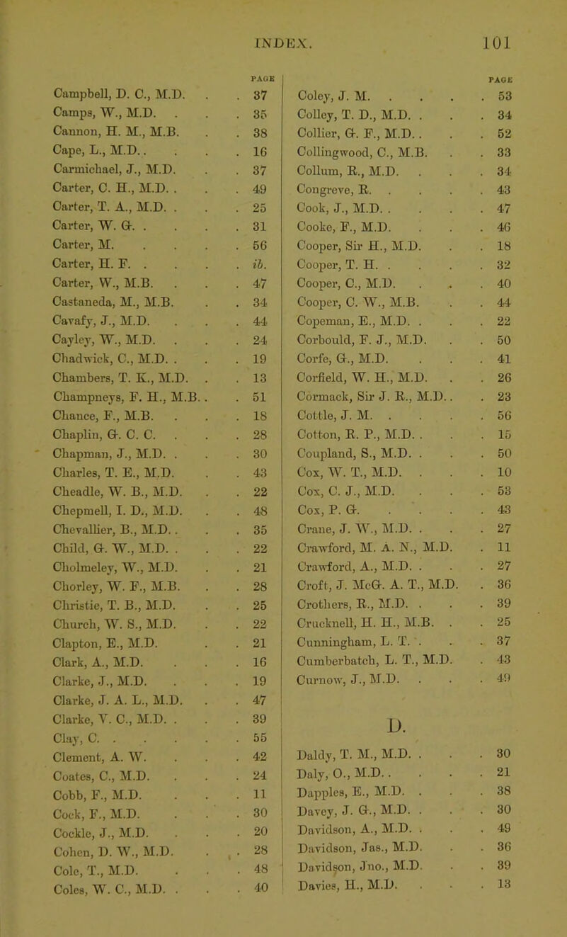 Camps, W., M.D. Cannon, H. M., M.B. Cape, L., M.D.. Carmichael, J., M.D. Carter, C. H., M.D. . Carter, T. A., M.D. . Carter, W. Q-. . Carter, M. Carter, H. F. . Carter, W., M.B. Castaneda, M., M.B. Cavafy, J., M.D. Cayley, W., M.D. Chadwick, C., M.D. . Chambers, T. K., M.D. Champneys, F. H., M.B. Chance, F., M.B. Chaplin, Gr. C. C. Chapman, J., M.D. . Charles, T. E., M.D. Cheadle, W. B., M.D. ChepmeU, I. D., M.D. Chevallier, B., M.D.. Child, a. W., M.D. . Cholmeley, W., M.D. Chorley, W. F., M.B. Christie, T. B., M.D. Church, W. S., M.D. Clapton, E., M.D. Clark, A., M.D. Clarke, J., M.D. Clarke, J. A. L., M.D. Clarke, V. C., M.D. . Cky, C. . Clement, A. W. Coates, C., M.D. Cobb, F., M.D. Cock, F., M.D. Cockle, J., M.D. Cohen, D. W., M.D. Cole, T., M.D. Coles, W. C., M.D. . INDEX. 101 PAOE PAGE 35 CoUey, T. D., M.D. . . 34 38 Collier, Gr. F., M.D.. . 52 16 Collingwood, C., M.B. . 33 37 Collum, R., M.D. . 34 49 Congreve, E. . . . . 43 25 Cook, J., M.D. . . 47 31 Cooke, F., M.D. . 46 56 Cooper, Sir H., M.D. . 18 ib. Cooper, T. H. . . 32 47 Cooper, C., M.D. . 40 34 Cooper, C. W., M.B. . 44 44 Copeman, E., M.D. . . 22 24 Corbould, F. J., M.D. . . 50 19 Corfe, G., M.D. . 41 13 Corlield, W. H., M.D. . . 26 51 Cormack, Sir J. R., M.D.. . 23 18 Cottle, J. M. . . 56 28 Cotton, R. P., M.D. . . 15 30 Coupland, S., M.D. . . 50 43 Cox, W. T., M.D. . . 10 22 Cox, C. J., M.D. . 53 48 Cox, P. G. . 43 35 Crane, J. W., M.D. . . 27 22 Crawford, M. A. N., M.D. . 11 21 Crawford, A., M.D. . . 27 28 Croft, J. McG. A. T., M.D. . 36 25 Crothers, R., M.D. . . 39 22 Crucknell, H. H., M.B. . 25 21 Cunningham, L. T. . . 37 16 Cumberbatch, L. T., M.D. . 43 19 Curnow, J., M.D. . 49 47 39 D. 55 42 Daldy, T. M., M.D. . . 30 24 Daly, 0., M.D.. . 21 11 Dapples, E., M.D. . . 38 30 Davey, J. G., M.D. . . 30 20 Davidson, A., M.D. . . 49 28 Davidson, Jas., M.D. . 36 48 Davidson, Jiio., M.D. . 39