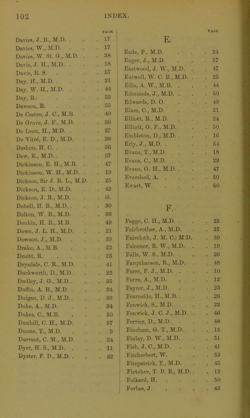 Davies, J. B., M.D. . Davies, W., M.D. Davies, W. St. Q-., M.D. . Davis, J. H., M.D. . Davis, R. S. . Day, H., M.D. . Day, W. H., M.D. . Day, R.‘ t . . . Dawson, B. . . . De Castro, J. C., M.B. De Grave, J. F., M.D. Do Leon, H., M.D. . De Vitre, E. D., M.D. Deshon, H. C. . Dew, E., M.D. . Dickinson, E. H., M.B. Dickinson, W. H., M.D. . Dickson, Sir J. R. L., M.D. Dickson, E. D., M.D. Dickson, J. R., M.D. Dobell, H. B., M.D. . Dolton, W. B., M.D. Donkin, H. B., M.B. Down, J. L. H., M.D. Dowson, J., M.D. Drake, A., M.B. Druitt, R. . . . Drysdale, C. R., M.D. Duckworth, D., M.D. Dudley, J. G., M.D.. DufBn, A. B., M.D. . Duigan, D. J., M.D.. Duke, A., M.D. Dukes, C., M.B. DunhiU, C. H., M.D. Dunne, T., M.D. Durrant, C. M., M.D. Dyer, H. S., M.D. . Dyster, F. D., M.D. , E. PAGE Eade, P., M.D. . 24 Eager, J., M.D. . 57 Eastwood, J. W., M.D. . . 47 EatweU, W. C. B., M.D. . . 25 Edis, A. W., M.B. . . 44 Edmunds, J., M.D. . . 50 Edwards, D. 0. . 43 Elam, C., M.D. . 21 Elliott, R., M.D. . 24 Elliott, G. F., M.D. . 50 Embleton, D., M.D. . . 16 Erly, J., M.D. . . 54 Evans, T., M.D. . 18 Evans, C., M.D. . 29 Evans, G. 11., M.D. . . 47 Evershed, A. . . 50 Ewai't, W. . 50 F. Faggo, 0. II., M.D. . . 22 Fairbrother, A., M.D. . 37 Faircloth, J. M. C.- M.'D. . 39 Falconer, R. W., M.D. . 19 Falls, W. S., M.D. . . 26 Farquharson, R., M.D. . 48 Farre, F. J., M.D. . . 10 Farre, A., M.D. . 12 Fayrer, J., M.D. . 23 Feamsido, H., M.B.. . 26 Fenwick, S., M.D. . . 22 Fenwick, J. C. J., M.D. . . 46 Ferrier, D., M.D. . 48 Fincham, G. T., M.D. . 15 Finlay, D. W., M.D. . 51 Fish, J. C., M.D. . . 41 Fitzherbert, W. . 53 Fitzpatrick, T., M.D. . ’ 45 Fletcher, T. B. E., M.D. . . 12 Folkard, II. . . . . 50 Forbes, J. . . . . 43 PAGE 17 17 38 18 57 21 44 53 55 40 36 27 38 56 27 47 19 25 42 ib. 30 36 49 21 39 22 25 41 22 35 24 39 34 50 57 9 24 11 32