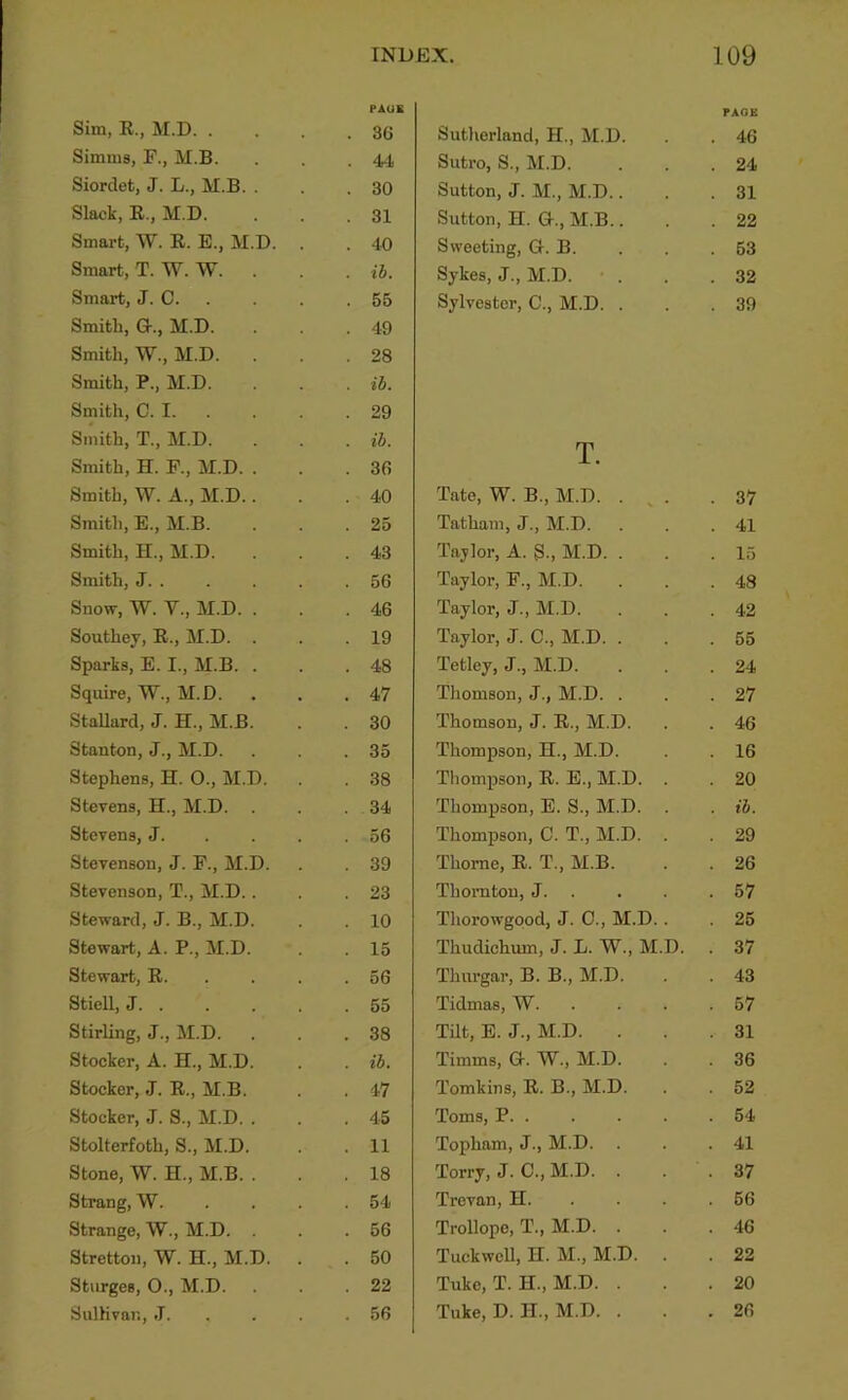 Sim, E., M.D. . PAUE . 36 Simms, F., M.B. . 44 Siordet, J. L., M.B. . . 30 Slack, E., M.D. . 31 Smart, W. E. E., M.D. . 40 Smart, T. W. W. . ih. Smart, J. C. . . 55 Smith, 0-., M.D. . 49 Smith, W., M.D. . 28 Smith, P., M.D. . ib. Smith, C. I. . . 29 Smith, T., M.D. . ib. Smith, H. F., M.D. . . 36 Smith, W. A., M.D.. . 40 Smith, E., M.B. . 25 Smith, H., M.D. . 43 Smith, J. . . 56 Snow, W. V., M.D. . . 46 Southey, E., M.D. . . 19 Sparks, E. I., M.B. . . 48 Squire, W., M.D. . 47 StaUard, J. H., M.B. . 30 Stanton, J., M.D. 35 Stephens, H. 0., M.D. . 38 Stevens, H., M.D. . . 34 Stevens, J. . . . . 56 Stevenson, J. F., M.D. . 39 Stevenson, T., M.D.. . 23 Steward, J. B., M.D. . 10 Stewart, A. P., M.D. . 15 Stewart, E. . . . . 56 Stiell, J . 55 Stirling, J., M.D. . . 38 Stocker, A. H., M.D. . ib. Stocker, J. E., M.B. . 47 Stocker, J. S., M.D. . . 45 Stolterfoth, S., M.D. . 11 Stone, W. H., M.B. . . 18 Strang, W. . 54 Strange, W., M.D. . . 56 Stretton, W. H., M.D. . 50 Sturges, 0., M.D. . 22 SulHvan, J. . . 56 Sutlierland, H., M.D. PAOE . 46 Sutro, S., M.D. . 24 Sutton, J. ai., M.D.. . 31 Sutton, H. a., M.B.. . 22 Sweeting, G. B. . 53 Sykes, J., M.D. . 32 Sylvester, C., M.D. . . 39 T. Tate, W. B., M.D. . ^ . .37 Tatliain, J., M.D. . . .41 Tajlor, A. g., M.D. . . .13 Taylor, F., M.D. . . .48 Taylor, J., M.D. . . .42 Taylor, J. C., M.D. . . .55 Tetley, J.. M.D. ... 24 Thomsoo, J., M.D. . . .27 Thomson, J. E., M.D. . . 46 Thompson, H., M.D. . . 16 Thompson, E. E., M.D. . . 20 Thompson, E. S., M.D. . . ib. Thompson, C. T., M.D. . . 29 Thome, E. T., M.B. . . 26 Thornton, J 57 Thorowgpod, J. 0., M.D.. . 25 Thuclichum, J. L. W., M.D. . 37 Thurgar, B. B., M.D. . . 43 Tidmas, W. . . . .57 Tilt, E. J., M.D. ... 31 Timms, G-. W., M.D. . . 36 Tomkins, E. B., M.D. . . 52 Toms, P 54 Topham, J., M.D. . .41 Torry, J. C., M.D. . . . 37 Trevan, H 56 Trollope, T., M.D. . . .46 Tuckwell, H. M., M.D. . . 22 Tuke, T. H., M.D. ... 20 Take, D. H., M.D. . . .26