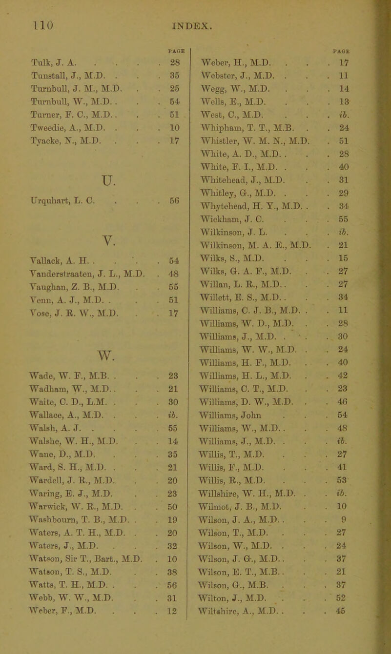 PAOE ■ PAGE Tulk, J. A. . 28 Weber, H., M.D. . . 17 Tunstall, J., M.D. . . 35 Webster, J., M.D. . . 11 TurnbuU, J. M., M.D. . . 25 Wegg, W., M.D. . . 14 TurnbuU, W., M.D. . . 54 Wells, E., M.D. . 13 Turner, F. C., M.D.. . 51 West, C., M.D. . ih. Tweedie, A., M.D. . . 10 Whipham, T. T., M.B. . 24 Tyacke, N., M.D. . 17 Whistler, W. M. N., M.D. . 51 White, A. D., M.D. . . 28 White, F. I., M.D. . . 40 u. Whitehead, J., M.D. . 31 Whitley, G., M.D. . . 29 Urquhart, L. C. . 56 Whytehead, H. Y., M.D. . . 34 Wickham, J. C. . 55 V. Wilkinson, J. L. . ib. Wilkinson, M. A. E., M.D. . 21 Yallack, A. H. . . 54 Wilks, S., M.D. . 15 Vanderstraatcn, J. L., M.D. . 48 Wilks, G. A. F., M.D. . . 27 Vaughan, Z. B., M.D. . 55 Willan, L. R., M.D.. . 27 Venn, A. J., M.D. . . 51 Willett, E. S., M.D.. . 34 Vose, J. R. W., M.D. . 17 Williams, C. J. B., M.D. . . 11 Williams, W. D., M.D. . 28 Williams, J., M.D. . . 30 W WUliams, W. W., M.D. . , 24 vv. Williams, II. F., M.D. . 40 Wade, W. F., M.B. . . 23 WiUiams, H. L., M.D. . . 42 Wadbam, W., M.D.. . 21 Williams, C. T., M.D. . 23 Waite, C. D., L.M. . . 30 Williams, D. W., M.D. . 46 Wallace, A., M.D. . . ib. Williams, John . 54 Walsh, A. J. . . 55 Williams, W., M.D.. . 48 Walshe, W. H., M.D. . 14 Williams, J., M.D. . . ib. Wane, D., M.D. . 35 Willis, T., M.D. . 27 Ward, S. H., M.D. . . 21 WiUis, F., M.D. . 41 WardeU, J. R., M.D. . 20 Willis, R., M.D. . 53 Waring, E. J., M.D. . 23 WUlshire, W. H., M.D. . . ib. Warwick, W. R., M.D. . 50 Wilmot, J. B., M.D. . 10 Washboum, T. B., M.D. . . 19 Wilson, J. A., M.D.. . 9 Waters, A. T. H., M.D. . . 20 Wilson, T., M.D. . 27 Waters, J., M.D. . 32 Wilson, W., M.D. . . 24 Watson, Sir T., Bart., M.D. . 10 WUson, J. G., M.D.. . 37 Watson, T. S., M.D. . 38 Wilson, E. T., M.B.. . 21 Watts, T. H., M.D. . . 56 Wilson, G., M.B. . . 37 Webb, W. W., M.D. . 31 Wilton, J., M.D. _ . . 52 Weber, F., M.D. . 12 Wiltshire, A., M.D. . . 46