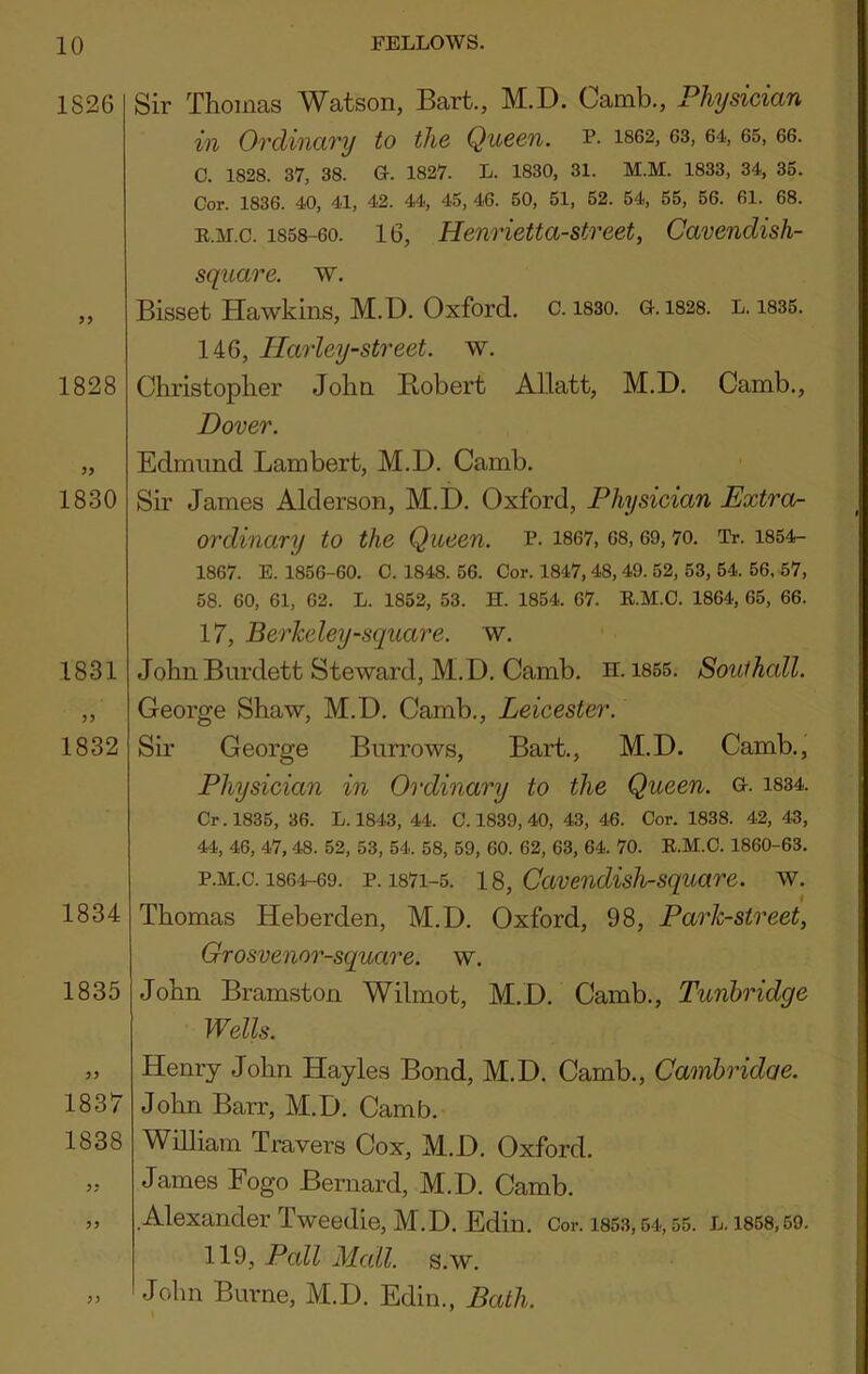 1826 1828 1830 1831 33 1832 1834 1835 33 1837 1838 33 33 Sir Thomas Watson, Bart., M.D. Camb., Physician in Orclinavy to the Queen. is62, 63, 64, 65, 66. 0. 1828. 37, 38. Gr. 1827. L. 1830, 31. M.M. 1833, 34, 35. Cor. 1836. 40, 41, 42. 44, 45, 46. 50, 51, 52. 54, 55, 56. 61. 68. E.ar.c. 1858-60. 16, Henrietta-street, Cavendish- square. w. Bisset Hawkins, M.D. Oxford, c. i830. G-. i828. L. i835. 146, Harley-street. w. Christopher John Bobert Allatt, M.D. Camb., Dover. Edmund Lambert, M.D. Camb. Sir James Alderson, M.D. Oxford, Physician Extras 07'dinary to the Queen. P- 1867, 68,69,70. Tr. i854- 1867. E. 1856-60. C. 1848. 56. Cor. 1847, 48, 49. 52, 53, 54. 56, 57, 58. 60, 61, 62. L. 1852, 53. H. 1854. 67. E.M.C. 1864, 65, 66. 17, Berkeley-squa7^e. w. John Biirdett Steward, M.D. Camb. H. 1855. Southall. George Shaw, M.D. Camb., Leicester. Sir George Burrows, Bart., M.D. Camb., Physician in Ordinary to the Queen, o. is34. Cr.l835, 36. L. 1843, 44. C. 1839, 40, 43, 46. Cor. 1838. 42, 46, 44, 46, 47, 48. 52, 53, 54. 58, 59, 60. 62, 63, 64. 70. E.M.C. 1860-63. p.M.c. i864r-69. P.1871-5. 18, Cavendish-square. w. Thomas Heberden, M.D. Oxford, 98, Park-street, GrosvenoT'-square. w. John Bramston Wilmot, M.D. Camb., Tunbridge Wells. Henry John Hayles Bond, M.D. Camb., Camhridae. John Barr, M.D. Camb. William Travers Cox, M.D. Oxford. James Fogo Bernard, M.D. Camb. Alexander Tweedie, M.D. Edin. Cor. 1853,64,55. l. 1868,59. 119, Pall Mall. s.w. John Burne, M.D. Edin., Bath. 33