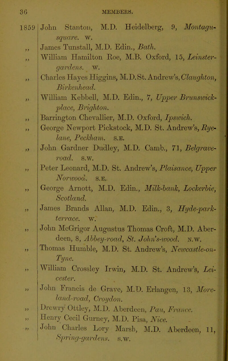 1859 }y }> yy yy yy yy y> yy yy yy yy yy yy yy yy yy John Stanton, M.D. Heidelberg, 9, Montagu^ square, w. James Tunstall, M.D. Edin., Bath. William Hamilton Hoe, M.B. Oxford, 15, Leinster- gardens. w. Charles Hayes Higgins, M.D.St. Andrew’s, Claughton, Birkenhead. William Kebbell, M.D. Edin., 7, Upper Brunsunck- place, Brighton. Barrington Chevallier, M.D. Oxford, Iqoswich. George Newport Pickstock, M.D. St. Andrew’s, lane, Beckham, s.e. John Gardner Dudley, M.D. Camb., 71, Belgravc- road. s.w. Peter Leonard, M.D. St. Andrew’s, Plaisance, Upper Norwood, s.e. George Arnott, M.D. Edin., Milk-bank, Lockerbie, Scotland. James Brands Allan, M.D. Edin., 3, Hyde-park- terrace. w. John McGrigor Augustus Thomas Croft, M.D. Aber- deen, 8, Abbey-road, St. John’s-ivood. n.w. Thomas Humble, M.D. St. Andrew’s, Newca^tle-on- Tyne. William Crossley Irwin, M.D. St. Andrew’s, Lei- cester. t Jolin Francis de Grave, M.D. Erlangen, 13, More- land-road, Croydon. Drewry Ottley, M.D. Aberdeen, Pan, L'rance. Henry Cecil Gurney, M.D. Pisa, Nice. John Charles Lory Marsh, M.D. Aberdeen, 11, Spm ng-gardens. s. w. yy