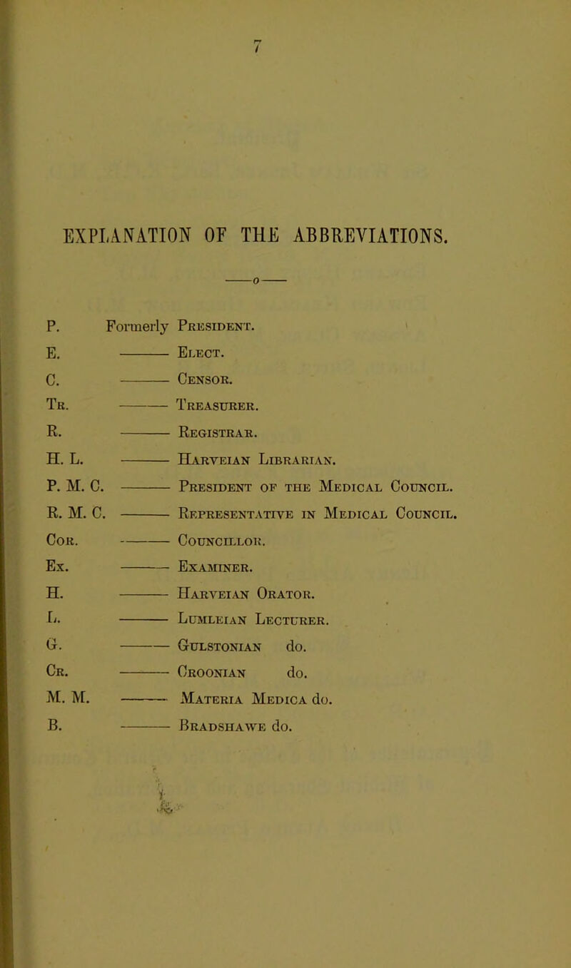 EXPLANATION OF THE ABBREVIATIONS. P. E, c. Tk. R. H. L. P. M. C. R. M. C. COK. Ex. H. L. G. Cr. M. U. B. Formerly Pre.sident. Elect. Censor. Treasurer. Registrar. Harveian Librarian. President of the Medical Council. Representative in Medical Council. Councillor. Examiner. Harveian Orator. Lumleian Lecturer. Gulstonian do. Croonian do. ')(■ Materia Medica do. Bradshawe do.