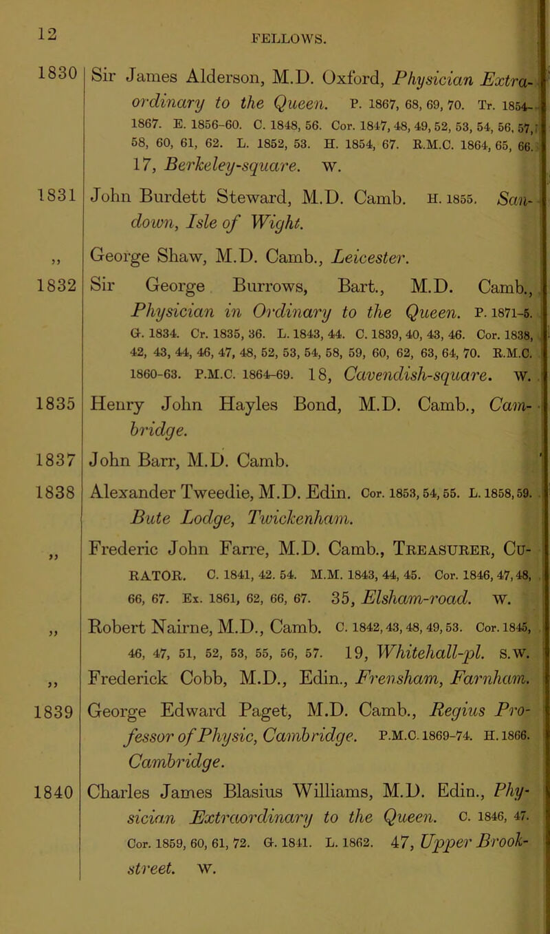 1830 Sir James Alderson, M.D. Oxford, Physician Extra- ordinary to the Queen. P. 1867, 68, 69, 70. Tr. 1854-. 1867. E. 1856-60. C. 1848, 56. Cor. 1847, 48, 49, 52, 53, 54, 56. 57,1 58, 60, 61, 62. L. 1852, 53. H. 1854, 67. B.M.C. 1864, 65, 66.; 17, Berkeley-square, w. 1831 John Burdett Steward, M.D. Camb. down, Isle of Wight. H. 1855. San- 1832 1835 1837 1838 George Shaw, M.D. Camb., Leicester. Sir George Burrows, Bart., M.D. Camb.,. Physician in Ordinary to the Queen, p. i87i-6. G. 1834. Cr. 1835, 36. L. 1843, 44. C. 1839, 40, 43, 46. Cor. 1838, . 42, 43, 44, 46, 47, 48, 52, 53, 54, 58, 59, 60, 62, 63, 64, 70. E.M.C. 1860-63. p.M.c. 1864^69. 18, Caveiidish-square. w. , Henry John Hayles Bond, M.D. Camb., Cam- ■ bridge. John Barr, M.D. Camb. Alexander Tweedie, M.D. Edin. Cor. i853,54,55. l. 1858,59. . Bute Lodge, Twickenham. „ Frederic John Farre, M.D. Camb., Treasurer, Cu- rator. C. 1841, 42. 54. M.M. 1843, 44, 45. Cor. 1846, 47,48, 66, 67. Ex. 1861, 62, 66, 67. 35, Elsliam-road. W. „ Robert Nairne, M.D., Camb. c. i842,43,48,49,53. Cor.i845, 46, 47, 51, 52, 53, 55, 56, 57. 19, Whitelioll-pl. S.W. „ Frederick Cobb, M.D., Edin., Frensham, Farnham. 1839 George Edward Paget, M.D. Camb., Regius Pro- fessor of Physic, Cambridge. P.M.c. 1869-74. H.1866. Cambridge. Charles James Blasius Williams, M.D. Edin., Phy- sicia.n Extraordinary to the Queen, c. i846, 47. Cor. 1859, 60, 61, 72. G. 1841. L. 1862. 47, Upper Brooh street. w. 1840