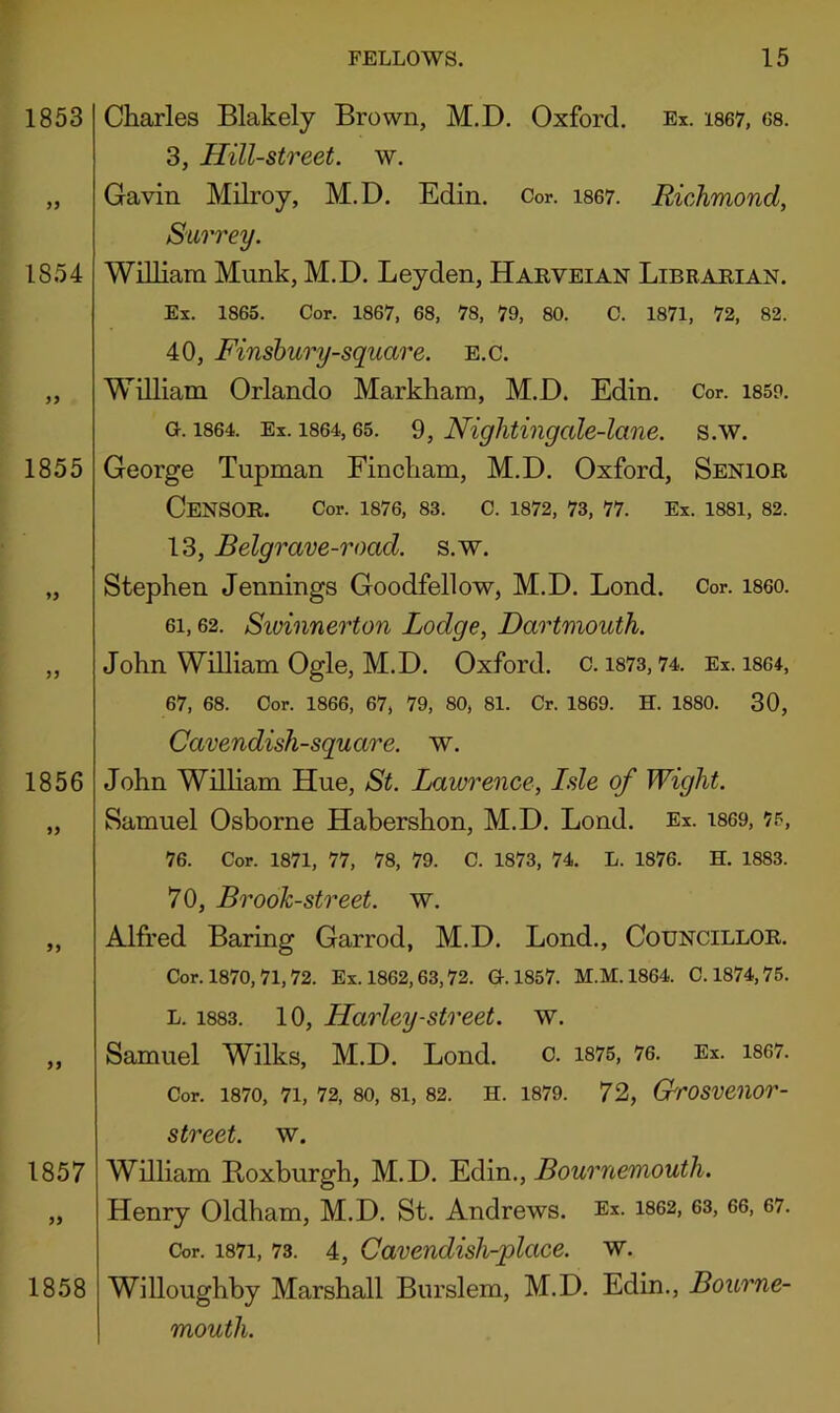 1853 1854 1855 1856 9> 1857 1858 Charles Blakely Brown, M.D. Oxford. Ex. i867, 68. 3, Hill-street, w. Gavin Milroy, M.D. Edin. Cor. i867. Richmond, Surrey. William Munk, M.D. Leyden, Hakveian Libeaeian. Ex. 1865. Cor. 1867, 68, 78, 79, 80. C. 1871, 72, 82. 40, Finshury-square. e.c. William Orlando Markham, M.D. Edin. Cor. i85o. G. 1864. Ex. 1864,65. 9, Nightingale-lane. s.w. George Tupman Fincham, M.D. Oxford, Senioe Censor, cor. i876, ss. c. 1872, 73, 77. Ex. 1881, 82. 13, Belgrave-road. s.w. Stephen Jennings Goodfellow, M.D. Lond. Cor. i860. 61,62. Swinnerton Lodge, Dartmouth. John William Ogle, M.D. Oxford, c. i873,74. Ex. i864, 67, 68. Cor. 1866, 67, 79, 80, 81. Cr. 1869. H. 1880. 30, Cavendish-square, w. John William Hue, St. Lawrence, Lsle of Wight. Samuel Osborne Habershon, M.D. Lond. Ex. i869, 7.'^, 76. Cor. 1871, 77, 78, 79. C. 1873, 74. L. 1876. H. 1883. 70, Brook-street, w. Alfred Baring Garrod, M.D. Lond., Councillor. Cor. 1870,71,72. Ex. 1862,63,72. G.1857. M.M.1864. C. 1874,75. l. 1883. 10, Harley-street, w. Samuel Wilks, M.D. Lond. c. i875, 76. Ex. i867. Cor. 1870, 71, 72, 80, 81, 82. H. 1879. 72, Cresvenor- street. w. William Roxburgh, M.D. Edin., Bournemouth. Henry Oldham, M.D. St. Andrews. Ex. i862, 63, 66, 67. Cor. 1871, 73. 4, Caveudish-place. w. Willoughby Marshall Burslem, M.D. Edin., Bourne- mouth.