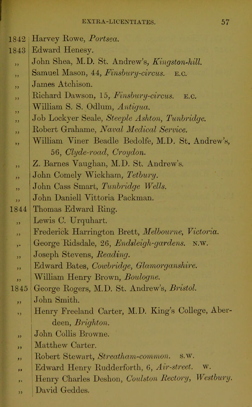 1842 1843 1844 >) 1845 yy 1) )> )) Harvey Kowe, Portsea. Edward Henesy. John Shea, M. D. St. Andrew’s, Kingston-hill. Samuel Mason, 44, Finshury-circus. E.c. James Atchison. Richard Dawson, 15, Finshu7'y-circus. e.c. William S. S. Odium, Antigua. Job Lockyer Seale, Steeple Ashton, Tunbridge. Robert Grahame, Naval Medical Service. William Viner Beadle Bedolfe, M.D. St. Andrew’s, 56, Clyde-roaA, Croydon. Z. Barnes Vaughan, M.D. St. Andrew’s. John Comely Wickham, Teibury. John Cass Smart, Tunbridge Wells. John Daniell Vittoria Packman. Thomas Edward Ring. Lewis C. Urquhart. Frederick Harrington Brett, Melbourne, Victoria. George Ridsdale, 26, Fndsleigh-gardens. n.w. Joseph Stevens, Reading. Edward Bates, Cowbridge, Glamorganshire. William Henry Brown, Boulogne. George Rogers, M.D. St. Andrew’s, Bristol. John Smith. Henry Freeland Carter, M.D. King’s College, Aber- deen, Brighton. John Collis Browne. Matthew Carter. Robert Stewart, Streatham-common. s.w. Edward Henry Rudderforth, 6, Air-street, w. Henry Charles Deshon, Coulston Rectory, Westbury. David Geddes.