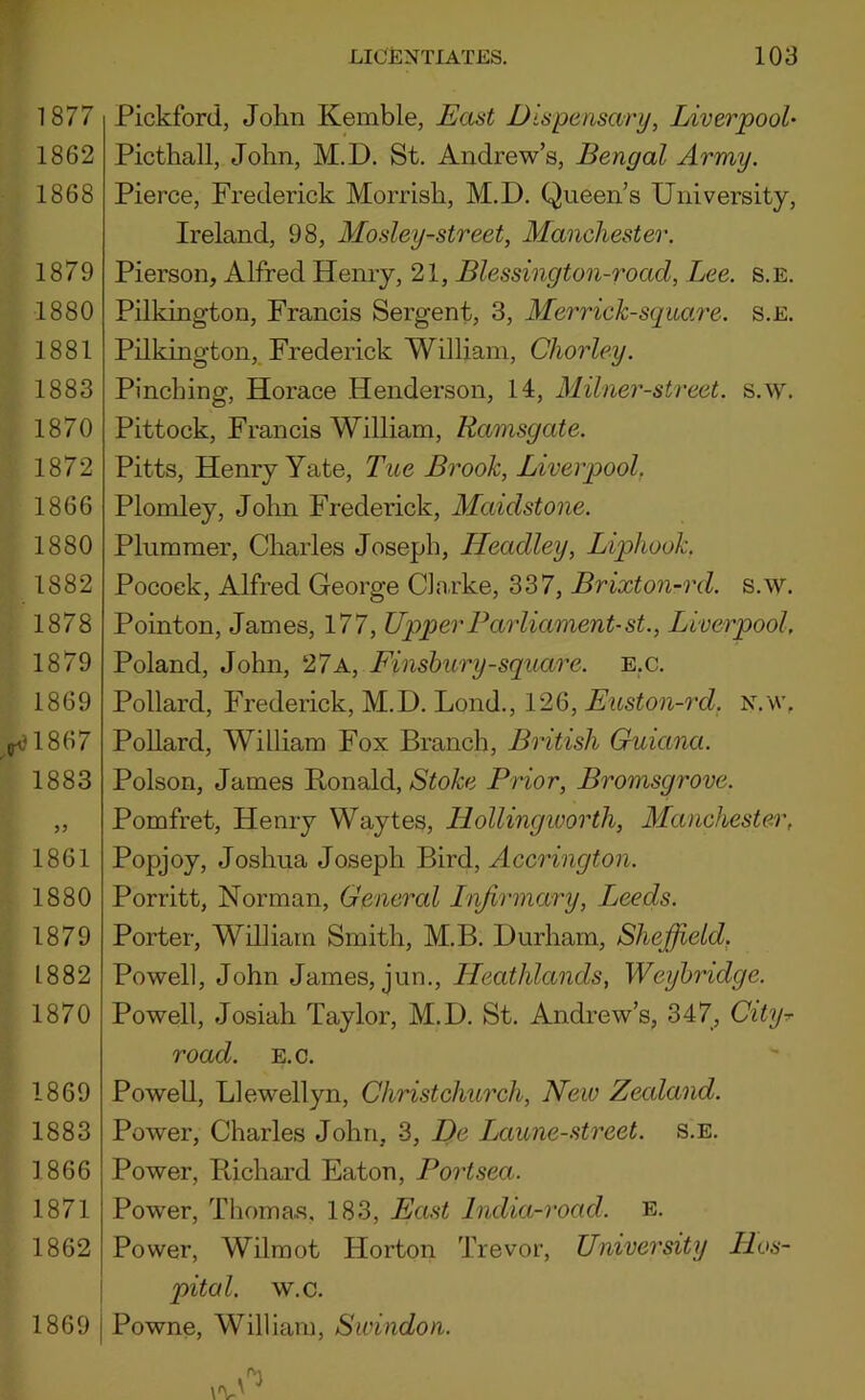 1877 1862 1868 1879 1880 1881 1883 1870 1872 1866 1880 1882 1878 1879 1869 1867 1883 5? 1861 1880 1879 1882 1870 1869 1883 1866 1871 1862 1869 LICENTIATES. 103 Pickford, John Kemble, East Dispensary, Liverpool' Picthall, John, M.D. St. Andrew’s, Bengal Army. Pierce, Frederick Morrish, M.D. Queen’s University, Ireland, 98, Mosley-street, Manchester. Pierson, Alfred Henry, 21, Blessington-road, Lee. s.e. Pilkington, Francis Sergent, 3, Merrick-square. s.e. Pilkington,. Frederick William, Chorley. Pinching, Horace Henderson, 14, Milner-street. s.w. Pittock, Francis William, Ramsgate. Pitts, Henry Yate, Tue B^'ook, Liverpool, Plomley, John Frederick, Maidstone. Plummer, Charles Joseph, LLeadley, Liphook. Pocock, Alfred George Cln.rke, 337, Brixton-rd. s.w. Pointon, James, 177, Upper Parliament-st., Liverpool, Poland, John, 27a, Finsbury-square, e.c. Pollard, Frederick, M.D. Lond., 126, Euston-rd, N.w, Pollard, William Fox Branch, British Guiana. Poison, James Ronald, Stoke Prior, Bromsgrove. Pomfret, Henry Waytes, Hollingworth, Manchester, Popjoy, Joshua Joseph Bird, Accrington. Porritt, Norman, General Infirmary, Leeds. Porter, William Smith, M.B. Durham, Sheffield, Powell, John James, jun., Heathlands, Weybridge. Powell, Josiah Taylor, M.D. St. Andrew’s, 347, City^ road. e.c. Powell, Llewellyn, Christchurch, Neiv Zealand. Power, Charles John, 3, De Ijaune-street, s.e. Power, Richard Eaton, Portsea. Power, Thomas, 183, East India-road. e. Power, Wilmot Horton Trevor, University Hos- pital. w.c. Powne, William, Swindon.