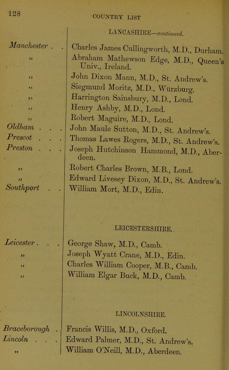 LA^ CASHIRE—continued. . Charles James Cullingworth, M.D., Durham. Abraham Mathewson Edge. M.D., Queen’s Univ., Ireland. John Dixon Mann, M.D., St. Andrews. Siegmund Moritz, M.D., Wiirzburg. Harrington Sainsbury, M.D., Lond. Henry Ashby, M.D., Lond. Robert Maguire, M.D., Lqnd. . John Maule Sutton, M.D., St. Andrews. . Thomas Lawes Rogers, M.D., St. Andrew’s. Joseph Hutchinson Hammond, M.D., Aber- deen. Robert Charles Brown, M.B., Lond. Edward Livesey Dixon, M.D., St. Andrew’s. . William Mort, M.D., Edin. LEICESTERSHIRE. George Shaw, M.D., Camb. Joseph Wyatt Crane, M.D., Edin. Charles William Cooper, M.B., Camb. William Elgar Buck, M.D., Camb. • LINCOLNSHIRE. Francis Willis, M.D., Oxford. Edward Palmer, M.D., St. Andrew’s,