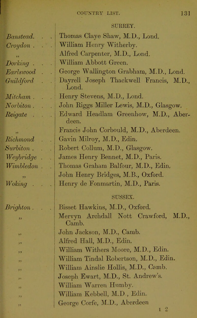 Banstead. Croydon . Dorking . Earlsiuood Guildford Mitcham . Norhiton. Reigate . Richmond . Surbiton . Weyhridge . Wimbledon . Woking . Brighton . 3> >> ? J ? 3 31 35 33 SURREY. Thomas Claye Shaw, M.D., Lond, William Henry Witherby. Alfred Carpenter, M.D., Lond. William Abbott Green. George Walhngton Grabham, M.D., Lond. Dayrell Joseph Thackwell Francis, M.D., : Lond. i Henry Stevens, M.D., Lond. : John Biggs Miller Lewis, M.D., Glasgow. Edward Headlam Greenhow, M.D., Aber- deen. Francis John Corbould, M.D., Aberdeen. Gavin Milroy, M.D., Edin. Bobert Collum, M.D., Glasgow. James Henry Bennet, M.D., Paris. Thomas Graham Balfour, M.D., Edin. John Henry Bridges, M.B., Oxford. Henry de Fonma.rtin, M.D., Paris. SUSSEX. Bisset Hawkins, M.D., Oxford. ! Mervyn Archdall Nott Crawford, M.D., I Camb. 1 John Jackson, M.D., Camb. I Alfred Hall, M.D., Edin. ! William Withers Moore, M.D., Edin. William Tindal Robertson, M.D., Edin. William Ainslie Hollis, M.D., Camb. Joseph Ewart, M.D., St. Andrew’s. I William Warren Hnmby. I William Kebbell, M.D , Edin. j George Corfe, M.D., Aberdeen 35