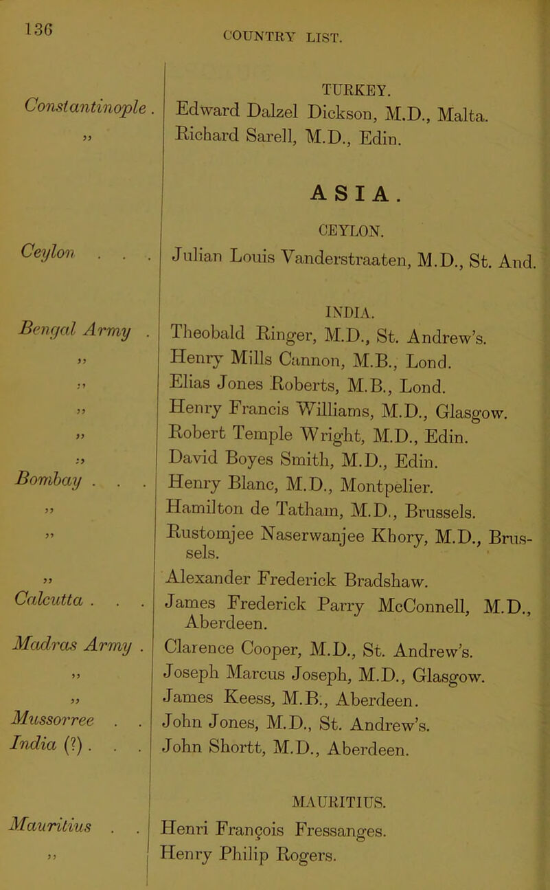 (.'OUNTRY LIST. Constantinople. TUEKEY. Edward Dalzel Dickson, M.D., Malta. Richard Sarell, M.D., Edin. Ceylon ASIA. CEYLON. . Julian Louis Vanderstraaten, M.D., St. And. Bengal Army yj ; ♦ 3? yy iy Bombay . yy yy yy Calcutta . Madi'os Army . yy Mussorree India (?). INDIA. Theobald Ringer, M.D., St. Andrew’s. Henry Mills Cannon, M.B., Lond. Elias Jones Roberts, M.B., Lond. Henry Francis Williams, M.D., Glasgow. Robert Temple Wright, M.D., Edin. David Boyes Smith, M.D., Edin. Henry Blanc, M.D., Montpelier. Hamilton de Tatham, M.D., Brussels. Rustomjee Naserwanjee Khory, M.D., Bnis- sels. Alexander Frederick Bradshaw. James Frederick Parry McConnell, M.D., Aberdeen. Clarence Cooper, M.D., St. Andrew’s. Joseph Marcus Joseph, M.D., Glasgow. James Keess, M.B., Aberdeen. John Jones, M.D., St, Andrew’s. John Shortt, M.D., Aberdeen. Mauritius yy I MAUEITIUS. Henri Fran9ois Fressanges. Henry Philip Rogers.