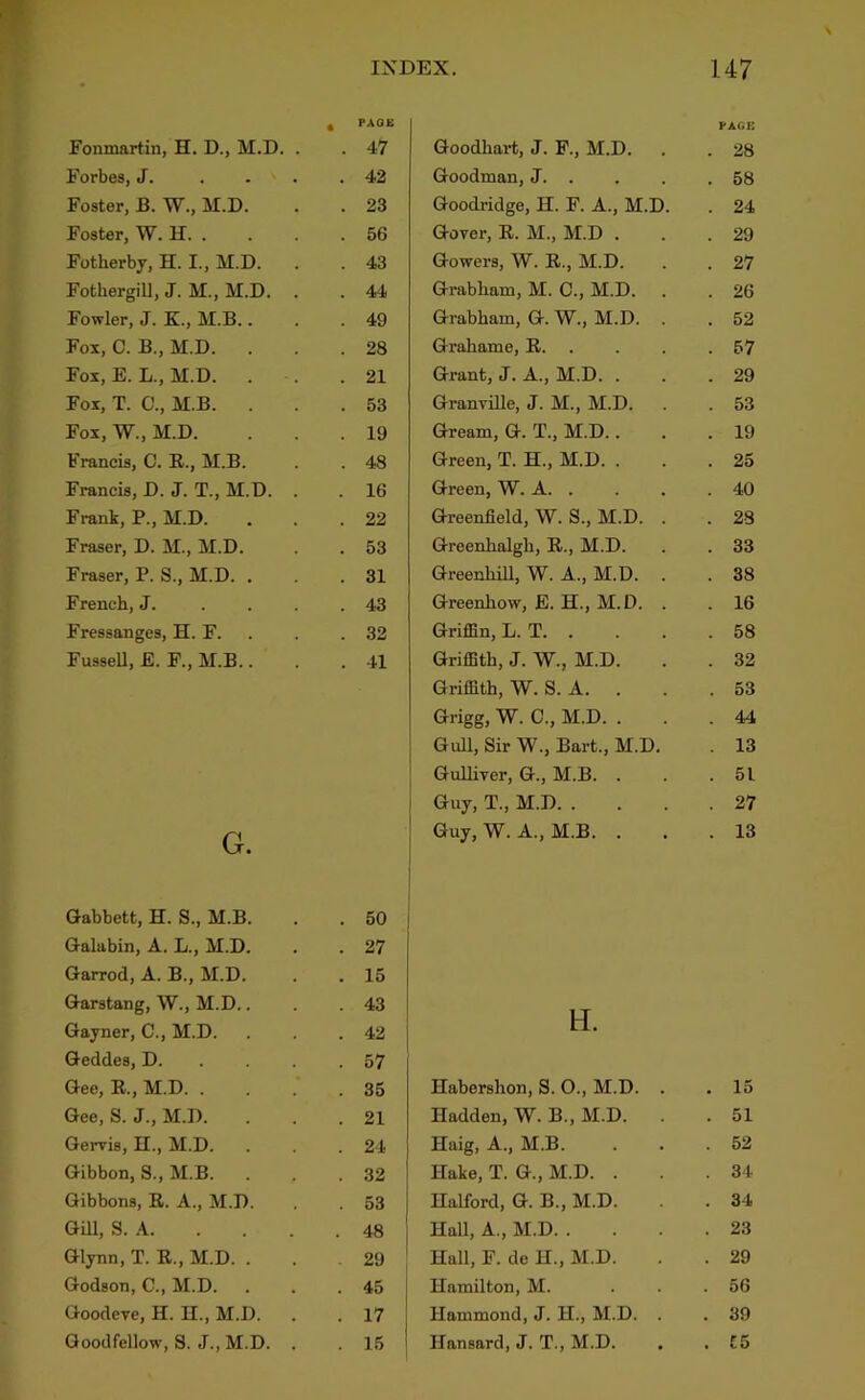 Fonmartin, H. D., M.D. . , PA0£ . 47 Goodhart, J. F., M.D. Forbes, J. . . . . 42 Goodman, J. . Foster, B. W., M.D. . 23 Goodridge, H. F. A., M.D Foster, W. H. . . 56 Gover, R. M., M.D . Fotherby, H. I., M.D. . 43 Gowers, W. R., M.D. Fothergill, J. M., M.D. . . 44 Grabham, M. C., M.D. Fowler, J. K., M.B.. . 49 Grabham, G. W., M.D. Fox, C. B., M.D. . . 28 Grahame, R. Fox, E. L., M.D. . 21 Grant, J. A., M.D. . Fox, T. C., M.B. . 53 Granyille, J. M., M.D. Fox, W., M.D. . 19 Gream, G. T., M.D.. Francis, C. R., M.B. . 48 Green, T. H., M.D. . Francis, D. J. T., M.D. . . 16 Green, W. A. . Frank, P., M.D. . 22 Greenfield, W. S., M.D. Fraser, D. M., M.D. . 53 Greenhalgh, R., M.D. Fraser, P. S., M.D. . . 31 Greenhm, W. A., M.D. French, J. . . . . 43 Greenhow, E. H., M.D. Fressanges, H. F. . . 32 Griffin, L. T. . Fussell, E. F., M.B.. . 41 Griffith, J. W., M.D. G. Griffith, W. S. A. . Grigg, W. C., M.D. . Gull, Sir W., Bart., M.D. Gulliver, G., M.B. . Guy, T., M.D. . Guy, W. A., M.B. . Gabbctt, H. S., M.B. . 50 Galabin, A. L., M.D. . 27 Garrod, A. B., M.D. . 15 Garstang, W., M.D.. . 43 H. Gayner, C., M.D. . 42 Geddes, D. . . . . 57 Gee, R., M.D. . . 35 Hahershon, S. 0., M.D. . Gee, S. J., M.D. . 21 Hadden, W. B., M.D. Gervis, II., M.D. . 24 Haig, A., M.B. Gibbon, S., M.B. . 32 Hake, T. G., M.D. . Gibbons, R. A., M.D. . 53 Halford, G. B., M.D. Gill, S. A. . 48 Hall, A., M.D. . Glynn, T. R., M.D. . 29 Hall, F. de H., M.D. Godson, C., M.D. • 45 Hamilton, M. Goodeve, H. H., M.D. . . 17 Hammond, J. H., M.D. . Goodfellow, S. J., M.D. . . 15 Hansard, J. T., M.D. PACK . 28 . 58 . 24 . 29 . 27 . 26 . 52 . 57 . 29 . 53 . 19 . 25 . 40 . 28 . 33 . 38 . 16 . 58 . 32 . 53 . 44 . 13 . 51 . 27 . 13 . 15 . 51 . 52 . 34 . 34 . 23 . 29 . 56 . 39 . C5