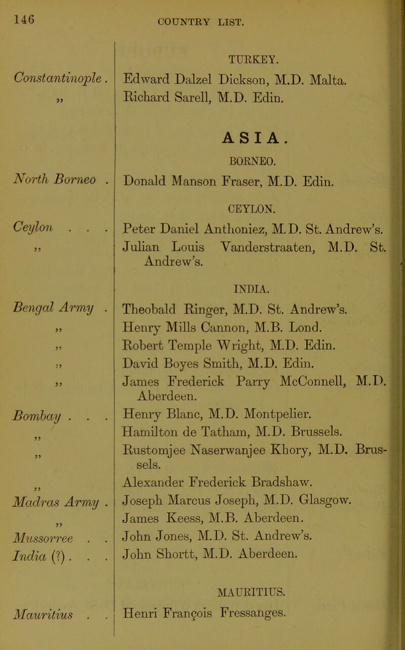 Constantinople. t TURKEY. Edward Dalzel Dickson, M.D. Malta. 99 Richard Sarell, M.D. Edin. North Borneo . V. ASIA. ? BORNEO. ■ s Donald Manson Fraser, M.D. Edin. \ Ceylon . . . CEYLON. \ ( Peter Daniel Anthoniez, M, D. St. Andrew’s. ^ 99 Julian Louis Vanderstraaten, M.D. St. ] Andrew’s. i t Bengal Army . 1 INDIA. I Theobald Ringer, M.D. St. Andrew’s. 99 James Frederick Parry McConnell, M.D. Aberdeen. Bombay . . . 99 Henry Blanc, M. D. Montpelier. Hamilton de Tatham, M.D. Brussels. 99 j j Rustomjee Naserwanjee Khory, M.D. Brus- sels. Alexander Frederick Bradshaw. Madras Army . 99 Joseph Marcus Joseph, M.D. Glasgow. James Keess, M.B. Aberdeen. Mussorree . . India (?). . . John Jones, M.D. St. Andrew’s. John Shortt, M.D. Aberdeen. Mauritius . MAURITIUS. Henri Francois Fressanges. h mUMrilii itinr iit I WiiTrCi.