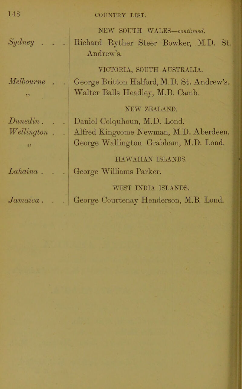 Sydney . NEW SOUTH WALES—coHimwed 1 Ricliard Rytlier Steer Bowker, M.D. St. 1 Andrew’s. | Melbourne . VICTORIA, SOUTH AUSTRALIA. | George Britton Halford, M.D. St. Andrew’s. ■ Walter Balls Headley, M.B. Camb. 1 Dunedin. Wellington . NEW ZEALAND. I Daniel Colquhoun, M.D. Bond. 1 Alfred Kingcome Newman, M.D. Aberdeen. 9 George Wallington Grabliam, M.D. Bond. ■ Lahaina . HAWAIIAN ISLANDS. ■ George Williams Parker. ■ Jamaica. WEST INDIA ISLANDS. ■ George Courtenay Henderson, M.B. Bond,