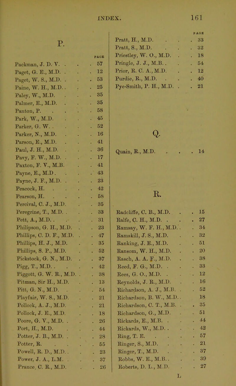 PAGE p. Pratt, H., M.D. . 33 Pratt, S., M.D. . 32 PAGE Priestley, W. O., M.D. . 18 Packman, J. D. V. . . 57 Pringle, J. J., M.B. . . 54 Paget, G-. E., M.D. . . 12 Prior, E. C. A., M.D. . 12 Paget, W. S., M.D. . . 53 Purdie, E., M.D. . 40 Paine, W. H., M.D.. . 25 Pye-SmitF, P. H., M.D. . . 21 Paley, W., M.D. . 35 Palmer, E., M.D. . 35 Panton, P. . . . . 58 - Park, W., M.D. . 45 Parker, G. W. . . 52 Parker, N., M.D. . 16 Q. Parson, E., M.D. . 41 Paul, J. H., M.D. . 36 Quain, E., M.D. . . . 14 Pavy, F. W., M.D. . . 17 Paxton, F. V., M.B. . 41 Payne, E., M.D. . 43 Payne, J. F., M.D. . . 23 Peacock, H. . . . . 42 R. Pearson, H. . . . . 58 Percival, C. J., M.D. . 35 Peregrine, T., M.D. . . 33 Eadclifi'e, C. B., M.D. . 15 Pett, A., M.D. . . 31 Ealfe, 0. H., M.D. . . 27 Pliilipson, G. H., M.D. . 23 Eamsay, W. F. H., M.D.. . 34 Phimps, C. D. F., M.D. . . 47 EamskiU, J. S., M.D. . 32 PhilHps, H. J., M.D. . 35 Eanking, J. E., M.D. . 51 PliiUips, S. P., M.D. . 52 Eansom, W. H., M.D. . 20 Pickstock, G. N., M.D. . 37 Eascli, A. A. J'., M.D. . 38 Pigg. T-. M.D. . . 42 Eeed, F. G., M.D. . . 33 Piggott, G. W. E., M.D. . . 38 Eees, G. 0., M.D. . . 12 Pitman, Sir H., M.D. . 13 Eeynolds, J. E., M.D. . 16 Pitt, G. N., M.D. . . 54 Eicliardson, A. J., M.B. . . 52 Playfair, W. S., M.D. . 21 Eicliardson, B. W., M.D.. 18 PoUock, A. J., M.D. . 21 Eichardson, 0. T., M.B. . . 35 Pollock, J. E., M.D. . 18 Eicliardson, G., M.D. . 51 Poore, G. V., M.D. . . 26 Eickards, E., M.B. . . 44 Port, II., M.D. . 44 Eickards, W., M.D. . . 42 Potter, J. B., M.D. . . 28 Eing, T. E. . . 57 Potter, E. . . . . 65 Einger, S., M.D. . 21 Powell, E. D., M.D.. . 23 Eingor, T., M.D. . 37 Power, J. A., L.M. . . 37 Eobbs, W. E., M.B.. . 39 Prance. C. E., M.D. . 26 Eoberts, D. L., M.D. . 27 L