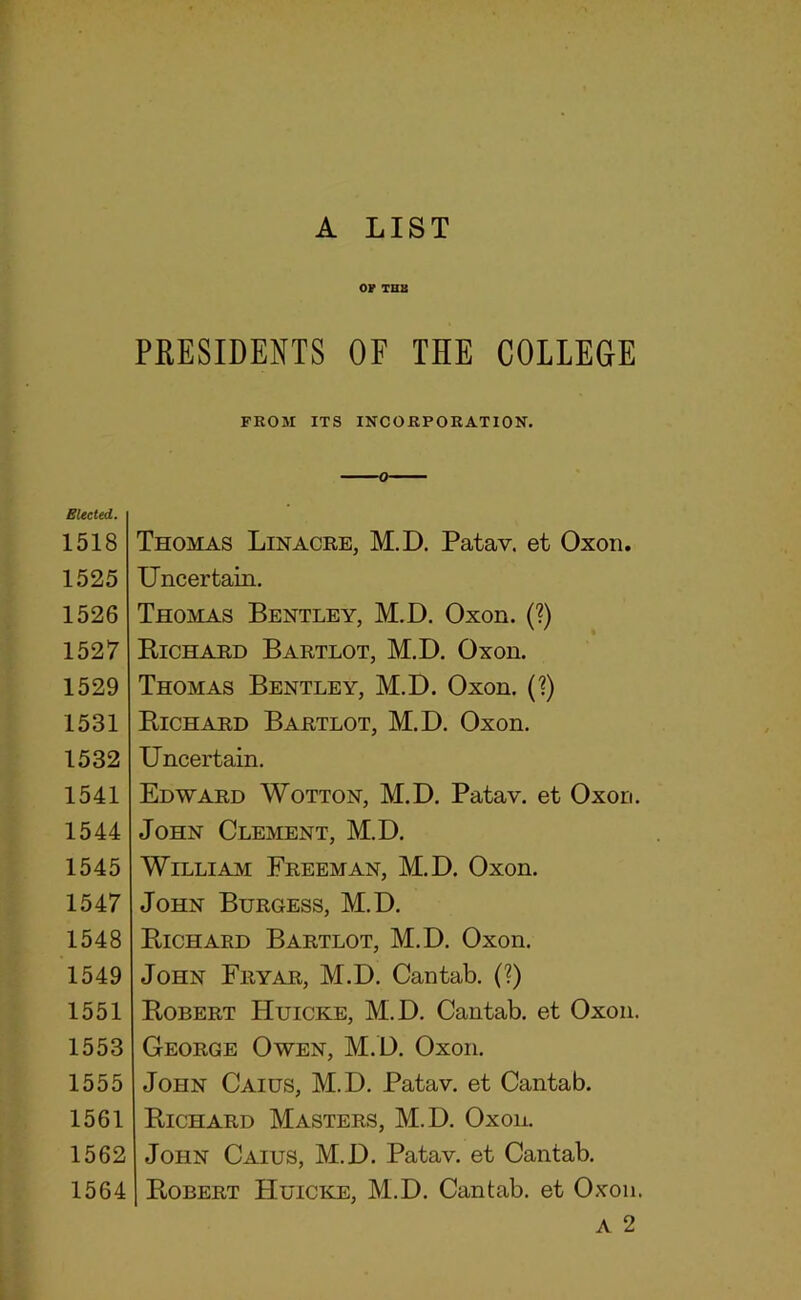 A LIST OP THU PRESIDENTS OF THE COLLEGE FROM ITS INCORPORATION. Elected. 1518 1525 1526 1527 1529 1531 1532 1541 1544 1545 1547 1548 1549 1551 1553 1555 1561 1562 1564 Thomas Lin acre, M.D. Patav. et Oxon. Uncertain. Thomas Bentley, M.D. Oxon. (?) Bichard Bartlot, M.D. Oxon. Thomas Bentley, M.D. Oxon. (?) Bichard Bartlot, M.D. Oxon. Uncertain. Edward Wotton, M.D. Patav. et Oxon. John Clement, M.D. William Freeman, M.D. Oxon. John Burgess, M.D. Bichard Bartlot, M.D. Oxon. John Fryar, M.D. Cantab. (?) Bobert Huicke, M.D. Cantab, et Oxon. George Owen, M.D. Oxon. John Caius, M.D. Patav. et Cantab. Bichard Masters, M.D. Oxon. John Caius, M.D. Patav. et Cantab. Bobert Huicke, M.D. Cantab, et Oxon.