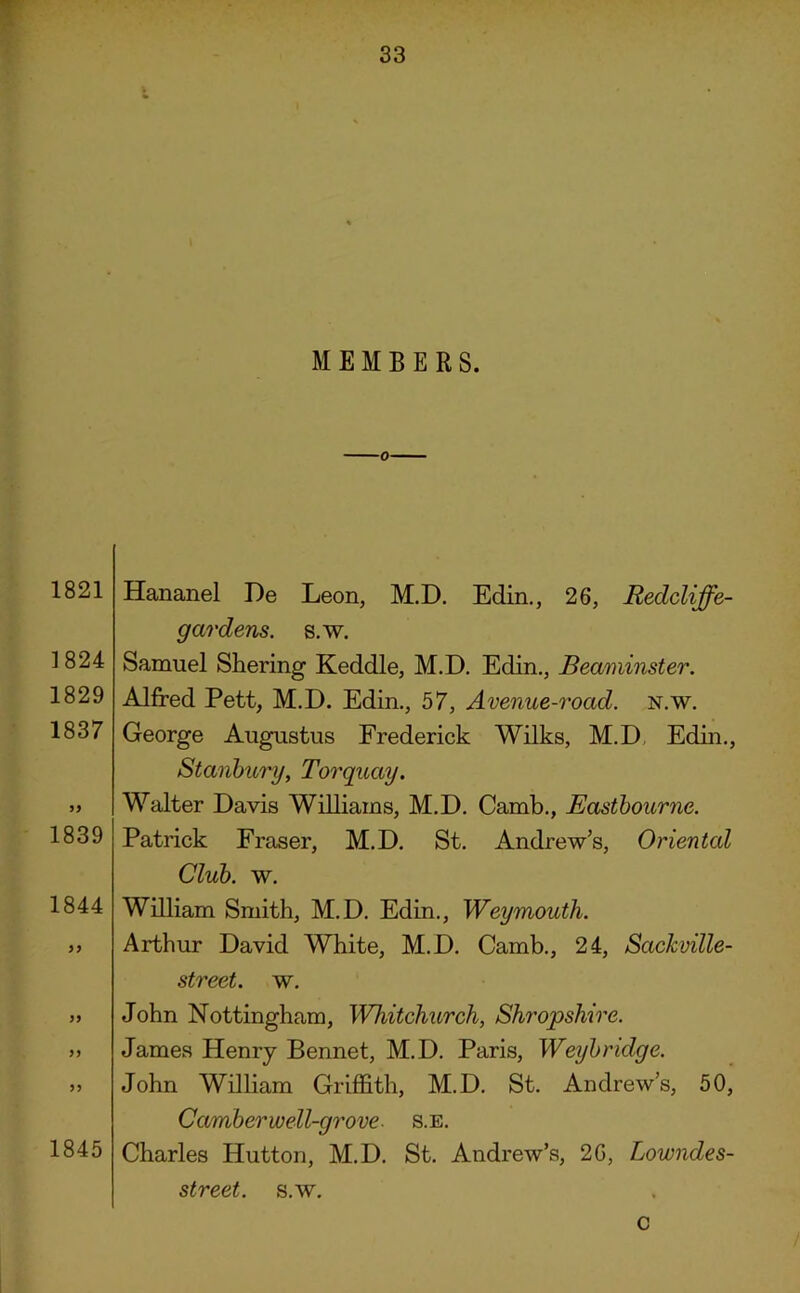 1821 1824 1829 1837 55 1839 1844 55 55 55 55 1845 Hananel De Leon, M.D. Edin., 26, Redcliffe- gardens. s.w. Samuel Shering Keddle, M.D. Edin., Beaminster. Alfred Pett, M.D. Edin., 57, Avenue-road. n.w. George Augustus Frederick Wilks, M.D Edin., Stanbury, Torquay. Walter Davis Williams, M.D. Camb., Eastbourne. Patrick Fraser, M.D. St. Andrew’s, Oriental Club. w. William Smith, M.D. Edin., Weymouth. Arthur David White, M.D. Camb., 24, Sackville- street. w. John Nottingham, Whitchurch, Shropshire. James Henry Bennet, M.D. Paris, Weybriclge. John William Griffith, M.D. St. Andrew’s, 50, Camber well-grove s.e. Charles Hutton, M.D. St. Andrew’s, 20, Lowndes- street. s.w. c