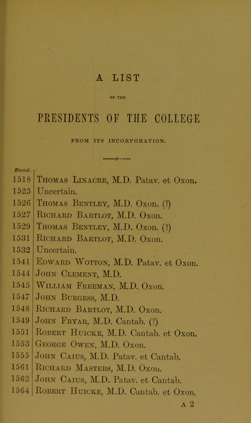 A LIST OF THE PRESIDENTS OF THE COLLEGE Elected. 1518 1525 1526 1527 1529 1531 1532 1541 1544 1545 1547 1548 1549 1551 1553 1555 1561 1562 1564 FROM ITS INCORPORATION. Thomas Lin acre, M.D. Patav. et Oxon. Uncertain. Thomas Bentley, M.D. Oxon. (?) Richard Bartlot, M.D. Oxon. Thomas Bentley, M.D. Oxon. (?) Richard Bartlot, M.D. Oxon. Uncertain. Edward Wotton, M.D. Patav. et Oxon. John Clement, M.D. William Freeman, M.D. Oxon. John Burgess, M.D. Richard Bartlot, M.D. Oxon. John Fryar, M.D. Cantab. (?) Robert Huicke, M.D. Cantab, et Oxon. George Owen, M.D. Oxon. John Caius, M.D. Patav. et Cantab. Richard Masters, M.D. Oxon. John Caius, M.D. Patav. et Cantab. Robert TIuicke, M.D. Cantab, et Oxon. a 2