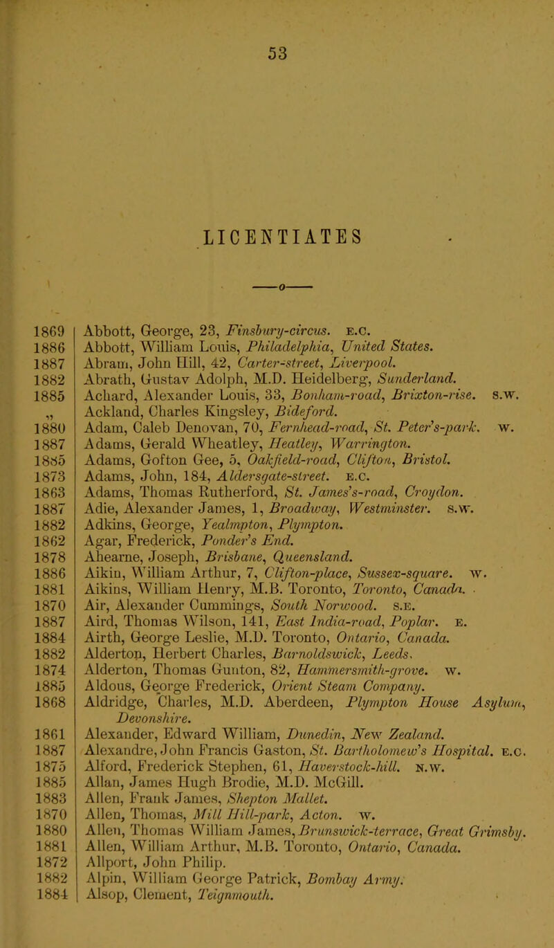 LICENTIATES I860 1886 1887 1882 1885 1880 1887 1885 1873 1863 1887 1882 1862 1878 1886 1881 1870 1887 1884 1882 1874 1885 1868 1861 1887 1875 1885 1883 1870 1880 1881 1872 1882 1884 Abbott, George, 23, Finsbury-circus. e.c. Abbott, William Louis, Philadelphia, United States. Abram, Jolm Gill, 42, Carter-street, Liverpool. Abratk, Gustav Adolph, M.D. Heidelberg, Sunderland. Acliard, Alexander Louis, 33, Bonham-road, Brixton-rise. s.w. Ackland, Charles Kingsley, Bideford. Adam, Caleb Denovan, 70, Fernhead-road, St. Peter s-park. w. Adams, Gerald Wheatley, Heatley, Warrington. Adams, Gofton Gee, 5, OaJcf eld-road, Clifton, Bristol. Adams, John, 184, Aldersgate-slreet. e.c. Adams, Thomas Rutherford, St. James’s-road, Croydon. Adie, Alexander James, 1, Broadway, Westminster, s.w. Adkins, George, Yealmpton, Plympton. Agar, Frederick, Ponder’s End. Ahearne, Joseph, Brisbane, Queensland. Aikin, William Arthur, 7, Clifton-place, Sussex-square. w. Aikins, William Henry, M.B. Toronto, Toronto, Canada. • Air, Alexander Cummings, South Norivood. s.e. Aird, Thomas Wilson, 141, East lndia-road, Poplar. E. Airth, George Leslie, M.D. Toronto, Ontario, Canada. Alderton, Herbert Charles, Barnoldswick, Leeds. Alderton, Thomas Gunton, 82, Hammersmith-grove, w. Aldous, George Frederick, Orient Steam Company. Aldridge, Charles, M.D. Aberdeen, Plympton House Asylum, Devonshire. Alexander, Edward William, Dunedin, New Zealand. Alexandre, John Francis Gaston, St. Bartholomew’s Hospital, e.c. Alford, Frederick Stephen, 61, Haverstock-hill. n.w. Allan, James Hugh Brodie, M.D. McGill. Allen, Frank James, Shepton Mallet. Allen, Thomas, Mill Ilill-park, Acton, w. Allen, Thomas William James, Brunswick-terrace, Great Grimsby. Allen, William Arthur, M.B. Toronto, Ontario, Canada. Allport, John Philip. Alpin, William George Patrick, Bombay Army. Alsop, Clement, Teignmouth.