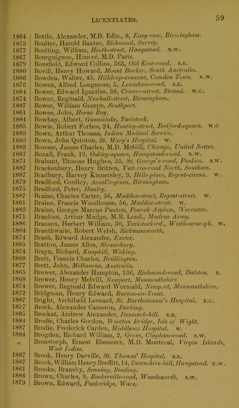 1364 1875 1877 1867 1879 1880 1886 1876 1881 1874 1887 1861 1884 1885 1883 1885 1883 1887 1871 1887 1887 1879 1875 1887 1861 1883 1871 1886 1884 1874 1885 1874 1868 1877 1865 1868 1874 1872 1887 1877 1«85 1884 1887 1884 n 1887 1887 1861 1886 1879 LICENTIATES. 59 Bottle, Alexander, M.D. Edin,, 8, Easy-row, Birmingham. Boulter, Harold Baxter, Richmond, Surrey. Boulting-, William, Heath-street, Hampstead. N.w. Bourguignon, Honore, M.D. Baris. Bousfield, Edward Collins, 363, Old Kent-road. s.e. Bovill, Henry Howard, Mount Barker, South Australia. Bowden, Walter, 45, Hilldrop-crescent, Camden Town. N.W. Bowen, Alfred Longrnore, 5, Lewisham-road. s.e. Bower, Edward Ignatius, 38, Craven-street. Strand, w.c. Bower, Reginald. Newhall-street, Birmingham. Bower, William George, Southport. Bowes, John, Herne Bay. Bowhay, Albert, Gvnnislake, Tavistock. Bowie, Robert Forbes, 24, Huntley-street, Bed ford-square, w.c Bown, Arthur Thomas, Indian Medical Service. Bown, John Quinton, St. Mary's Hospital, w. Bowser, James Charles, M.D. McGill, Chicago, United States. Boxall, Frank, 19, Oakley-square, Hampstead-road. n.w. Brabant, Thomas Hughes, 35, St. George's-road, Pimlico, s.w. Brackeubury, Henry Britten, Vichwia-road North, Southsea. Bradbury, Harvey Kinnersley, 9, Ilills-place, Regent-circus, w. Bradford, Cordley, Acock's-green, Birmingham. Bradford, Peter, Hanley. Biaine, Charles Carter, 56, Maddox-street, Regent-street, w. Braine, Francis Woodhouse, 56, Maddox-street. w. Braine, George Marcus Panton, Poivick Asylum, Worcester. Branfoot, Arthur Mudge, M.B. Lond., Madras Army. Branson, Herbert William, 30, Tavistock-rd., Westbourne-pk. w. Branthwaite, Robert Welsh, Rickmansworth. Brash, Edward Alexander, Exeter. Bratton, James Allen, Shrewsbury. Brayn, Richard, Knaphill, Woking. Brett, Francis Charles, Bridlington. Brett, John, Melbourne, Australia. Brewer, Alexander Hampton, 136, Richmond-road, Ralston, k. Brewer, Henry Melvill, Newport, Monmouthshire. Brewer, Reginald Edward Wormald, Newport, Monmouthshire. Bridgman, ITenry Edward, Burton-on-Trent. Bright, Archibald Leonard, St. Bartholomew's Hospital, e.c. Brock, Alexander Cameron, Dorking. Brockat, Andrew Alexander, Denmark-liill. s.e. Brodie, Charles Gordon, VVootton Bridge, Isle of Wight. Brodie, Frederick Carden, Middlesex Hospital, w. Brogden, Richard William, 2, Grove, Clapham-road. s.w. Bronstorph, Ernest Ebenezer, M.D. Montreal, Virgin Islands, West Indies. Brook, Henry Darville, St. Thomas' Hospital, s.e. Brook, WilliamHenry Breffitt, 14, Downshire-hill, Hampstead. N.w. Brooks, Bransby, Sovning, Reading. Brown, Charles, 9, Baskerville-road, Wandsworth, s.w. Brown, Edward, Puckeridge, Ware.