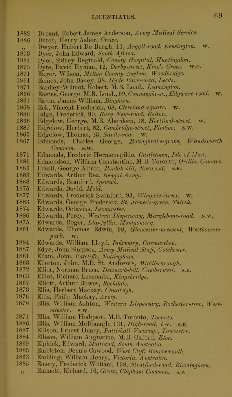 1882 1886 1873 1884 1875 1871 1864 1871 1866 1861 1868 1886 1866 1887 1865 1867 1871 1881 1886 1883 1868 1875 1877 1883 1874 1886 1875 1861 1884 1887 1861 1863 1872 1863 1867 1873 1876 1878 1871 1886 1887 1884 1869 1883 1863 1885 LICENTIATES. 69 Durant, Robert James Anderson, Army Medical Service. Dutch, Henry Asher, Crewe. Dwyer, Hubert De Burgh, 11, Argyll-road, Kensington, w. Dyer, John Edward, South A frica. Dyer, Sidney Reginald, County Hospital, Huntingdon. Dyte, David Hyman, 12, Derby-street, King's Cross, w.c. Eager, Wilson, Melton County Asylum, Woodbridge. Eames, John Davey, 38, Hyde Park-road, Leeds. Eardley-Wilmot, Robert, M.B. Bond., Leamington. Eastes, George, M.B. Lond., 69, Connaught-st., Edgware-road. w. Eaton, James William, Bingham. Eck, Vincent Frederick, 68, Gleveland-square. w. Edge, Frederick, 90, Bury New-road, Bolton. Edgelow, George, M.B. Aberdeen, 18, Hertford-street, w. Edgelow, Herbert, 82, Cambridge-street, Pimlico, s.w. Edgelow, Thomas, 13, Savile-row. w. Edmonds, Charles George, Bolingbroke-grove, Wandsworth Common, s.w. Edmonds, Frederic Hermenegildo, Castletown, Isle of Man. Edmondson, William Constantine, M.B. Toronto, Orillia, Canada. Edsell, George Alfred, Beulah-hi/l, Norwood, s.k. Edwards, Arthur Rea, Bengal Army. Edwards, Branford, Ipswich. Edwards. David, Mold. Edwards, Frederick Swinford, 93, Wimpole-street. w. Edwards, George Frederick, St. J ames' s-green, Thirsk. Edwards, Octavius, Leominster. Edwards, Percy, Western Dispensary, Marylebone-road. N.w. Edwards, Roger, Llanjyllin, Montgomery. Edwards, Thomas Edwin, 98, Gloucester-crescent, Westbourne- park. w. Edwards, William Lloyd, Infirmary, Carmarthen. Edye, John Simpson, Army Medical Staff, Colchester. Ellam, John, Ratedffe, Nottingham. Ellerton, John, M.D. St. Andrew’s, Middlesbrough. Elliot, Norman Bruce, Denmark-hill, Camberwell, s.e. Elliot, Richard Luscombe, Kingsbridge. Elliott, Arthur Bowes, Rochdale. Ellis, Herbert Mackay, Chudleigh. Ellis, Philip Mackay, Army. Ellis, William Ashton, Western Dispensary, Rocliester-row, West- minster. s.w. Ellis, William Hodgson, M.B. Toronto, Toronto. Ellis, William McDonagh, 131, High-road, Lee. s.e. Ellison, Ernest Henry, Pattishall Vicarage, Towcester. Ellison, William Augustine, M.B. Oxford, Eton. Elphick, Edward, Maitland, South Australia. Embleton, Dennis Cawood. West Cliff, Bournemouth. Enabling. William Henry, Victoria, Australia. Emery, Frederick William, 198, Stratford-road. Birmingham. Emmett, Richard, 16, Grove, Clapham Common, s.w