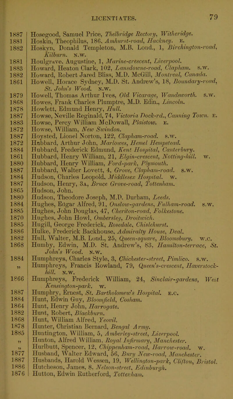 1887 1881 1882 1881 1883 1882 1861 1879 1868 1878 1887 1883 1872 1887 1872 1884 1861 1880 1887 1884 1887 1865 1880 1884 1885 1870 1885 1886 1882 1868 1884 1866 1887 1884 1864 1882 1868 1878 1885 1J W 1877 1887 1886 1876 LICENTIATES. 79 Hosegood, Samuel Price, Thelbridge Rectory, Witheridge. Iloskin, Theophilus, 186, Amhurst-road, Hackney, E. Hoskyn, Donald Templeton, M.B. Loud., 1, Birchington-road, Kilburn. n.av. Houlgnive, Augustine, 1, Marine-crescent, Liverpool. Howard, Heaton Clark, 102, Lansdowne-road, Cla.pham. s.w. Howard, Robert Jared Bliss, M.D. McGill, Montreal, Canada. Howell, Horace Sydney, M.D. St. Andrew’s, 18, Boundary-road, St. John's Wood. n.av. TIowell, Thomas Arthur Ives, Old Vicarage, Wandsworth, s.w. Howes, Frank Charles Plumptre, M.D. Ediu., Lincoln. Hewlett, Edmund Henry, Hull. Ilowse, Neville Reginald, 74, Victoria Pock-rd., Canning Town. E. Howse, Percy William McDowall, Plaistow. e. Howse, William, New Swindon. Hoysted, Lionel Norton, 122, Clapham-road. s.w. Hnbbard, Arthur John, Marlowes, Hemel Hempstead. Hubbard, Frederick Edmund, Kent Hospital, Canterbury. Hubbard, Henry William, 21, Elgin-crescent, Notting-hill. w. Hubbard, Henry William, Ford-park, Plymouth. Hubbard, Walter Lovett, 4, Grove, Clapham-road. s.w. Hudson, Charles Leopold. Middlesex Hospital, av. Hudson, Henry, 3a, Bruce Grove-road, Tottenham. Hudson, John. Hudson, Theodore Joseph, M.D. Durham, Leeds. Hughes, Edgar Alfred, 91, Onslow-gar dens, Fulham-road. s.av. Hughes, John Doug’las, 47, Clieriton-road, Folkestone. Hughes, John Howl, Ombersley, Droitwich. Hugill, George Frederick, Rosedale, Chislehurst. Hulke, Frederick Backhouse, Admiralty House, Deal. Hull, Walter, M.B. Lond., 25, Queen-square, Bloomsbury. aa\c. Humby, Edwin, M.D. St. Andrew’s, 83, Hamilton-terrace, St. John's Wood. n.av. Humphreys, Charles Style, 3, Chichester-street, Pimlico, s.av. Humphreys, Francis Rowland, 79, Queen s-crescent, Ilaverstock- hill. N.W. Humphreys, Frederick William, 24, Sinclair-gardens, West Kensingt on-park. av. Humphry, Ernest, St. Bartholomew's Hospital, e.c. Hunt, Edwin Guy, Bloomfield, Cosham. Hunt, Henry John, Harrogate. Hunt, Robert, Blackburn. Hunt, William Alfred, Yeovil. Hunter, Christian Bernard, Bengal A rmy. Huntington, William, 5, Amberley-street, Liveipool. Hunton, Alfred William, Royal Infirmary, Manchester. Hurlbutt, Spencer, 12, Chippenham-road, Ilarrow-road. av. Husband, Walter Edward, 56, Bury New-road, Manchester. Husbands, Harold Wessen, 19, Wellinqton-park, Clifton, Bristol. Hutcheson, James, 8, Nelson-street, Edinburgh. Hutton, EdAvin Rutherford, Tottenham.