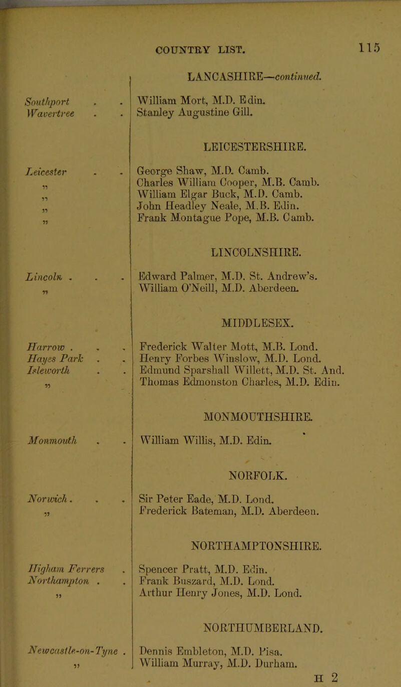 Southport Wavertree LANCASHIRE—continued. William Mort, M.D. Edin. Stanley Augustine Gill. Leicester 55 LEICESTERSHIRE. George Shaw, M.D. Camb. Charles William Cooper, M.B. Camb. 11 11 11 William Elgar Buck, M.D. Camb. John Headley Neale, M.B. Edin. Frank Montague Pope, M.B. Camb. Lincoln, . LINCOLNSHIRE. Edward Palmer, M.D. St. Andrew’s. William O’Neill, M.D. Aberdeen. Harrow . Hayes Park Isleworth MIDDLESEX. Frederick Walter Mott, M.B. Lond. Henry Forbes Winslow, M.D. Lond. Edmund Sparshall Willett, M.D. St. And. ■» Thomas Edmonston Charles, M.D. Edin. Monmouth MONMOUTHSHIRE. William Willis, M.D. Edin. Norwich. NORFOLK. Sir Peter Eade, M.D. Lond. •n Frederick Bateman, M.D. Aberdeen. Higham Ferrers Northampton . 55 NORTHAMPTONSHIRE. Spencer Pratt, M.D. Edin. Frank Buszard, M.D. Lond. Arthur Henry Jones, M.D. Lond. Newcastle.-on-Tyne . 55 NORTHUMBERLAND. Dennis Embleton, M.D. Pisa. William Murray, M.D. Durham. H 2