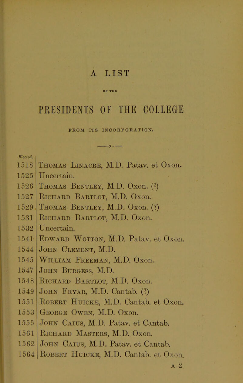 A LIST OF THE PRESIDENTS OF THE COLLEGE Elected. 1518 1525 1526 1527 1529 1531 1532 1541 1544 1545 1547 1548 1549 1551 1553 1555 1561 1562 1564 FROM ITS INCORPORATION. Thomas Lin acre, M.D. Patav. et Oxon. Uncertain. Thomas Bentley, M.D. Oxon. (?) Bichard Bartlot, M.D. Oxon. Thomas Bentley, M.D. Oxon. (?) Richard Bartlot, M.D. Oxon. Uncertain. Edward Wotton, M.D. Patav. et Oxon. John Clement, M.D. William Freeman, M.D. Oxon. John Burgess, M.D. Richard Bartlot, M.D. Oxon. John Fryar, M.D. Cantab. (?) Robert Huicke, M.D. Cantab, et Oxon. George Owen, M.D. Oxon. John Caius, M.D. Patav. et Cantab. Richard Masters, M.D. Oxon. John Caius, M.D. Patav. et Cantab. Robert Huicke, M.D. Cantab, et Oxon. a 2