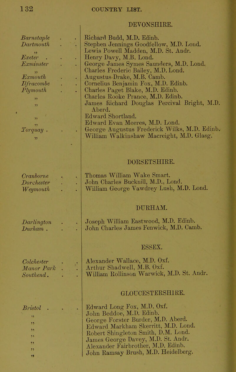 Barnstaple Dartmouth 55 DEVONSHIRE. Richard Budd, M.D. Edinb. Stephen Jennings Goodfellow, M.D. Bond. Lewis Powell Madden, M.D. St. Andr. Exeter Exminster 55 Exmouth Ilfracombe Plymouth 55 55 4 55 55 Torquay . Henry Davy, MB. Loud. George James Symes Saunders, M.D. Lond. Charles Frederic Bailey, M.D. Lond. Augustus Drake, M.B. Camb. Cornelius Benjamin Fox, M.D. Edinb. Charles Paget Blake, M.D. Edinb. Charles Rooke Prance, M.D. Edinb. James Richard Douglas Percival Bright, M.D. Aberd. Edward Shortland. Edward Evan Meeres, M.D. Lond. George Augustus Frederick Wilks, M.D. Edinb. William Walkinshaw Macreight, M.D. Glasg. Cranborne Dorchester Weymouth DORSETSHIRE. Thomas William Wake Smart. John Charles Bucknill, M.D., Lond. William George VawcRey Lush, M.D. Lond. Darlington Durham . DURHAM. Joseph William Eastwood, M.D. Edinb. John Charles James Fenwick, M.D. Camb. Colchester Manor Park . Southend. ESSEX. Alexander Wallace, M.D. Oxf. Arthur Shadwell, M.B. Oxf. William Rollinson Warwick, M.D. St. Andr. Bristol . GLOUCESTERSHIRE. Edward Long Fox, M.D. Oxf. John Beddoe, M.D. Edinb. 55 55 55 55 55 55 5> George Forster Burder, M.D. Aberd. Edward Markham Skerritt, M.D. Lond. Robert Shingleton Smith, D.M. Lond. James George Davey, M.D. St. Andr. Alexander Fairbrother, M.D. Edinb. John Ramsay Brush, M.D. Heidelberg.