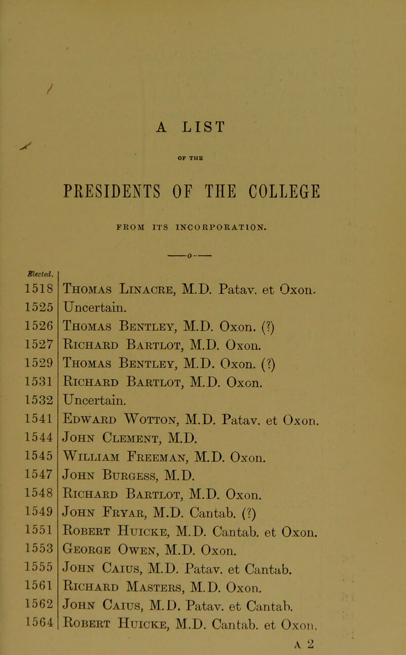 A LIST / OF TH8 PRESIDENTS OF THE COLLEGE Elected. 1518 1525 1526 1527 1529 1531 1532 1541 1544 1545 1547 1548 1549 1551 1553 1555 1561 1562 1564 FROM ITS INCORPORATION. Thomas Lin acre, M.D. Patav. et Oxon. Uncertain. Thomas Bentley, M.D. Oxon. (?) Bichard Bartlot, M.D. Oxon. Thomas Bentley, M.D. Oxon. (?) Richard Bartlot, M.D. Oxon. Uncertain. Edward Wotton, M.D. Patav. et Oxon. John Clement, M.D. William Freeman, M.D. Oxon. John Burgess, M.D. Richard Bartlot, M.D. Oxon. John Fryar, M.D. Cantab. (?) Robert Huicke, M.D. Cantab, et Oxon. George Owen, M.D. Oxon. John Caius, M.D. Patav. et Cantab. Richard Masters, M.D. Oxon. John Caius, M.D. Patav. et Cantab. Robert Huicke, M.D. Cantab, et Oxon.
